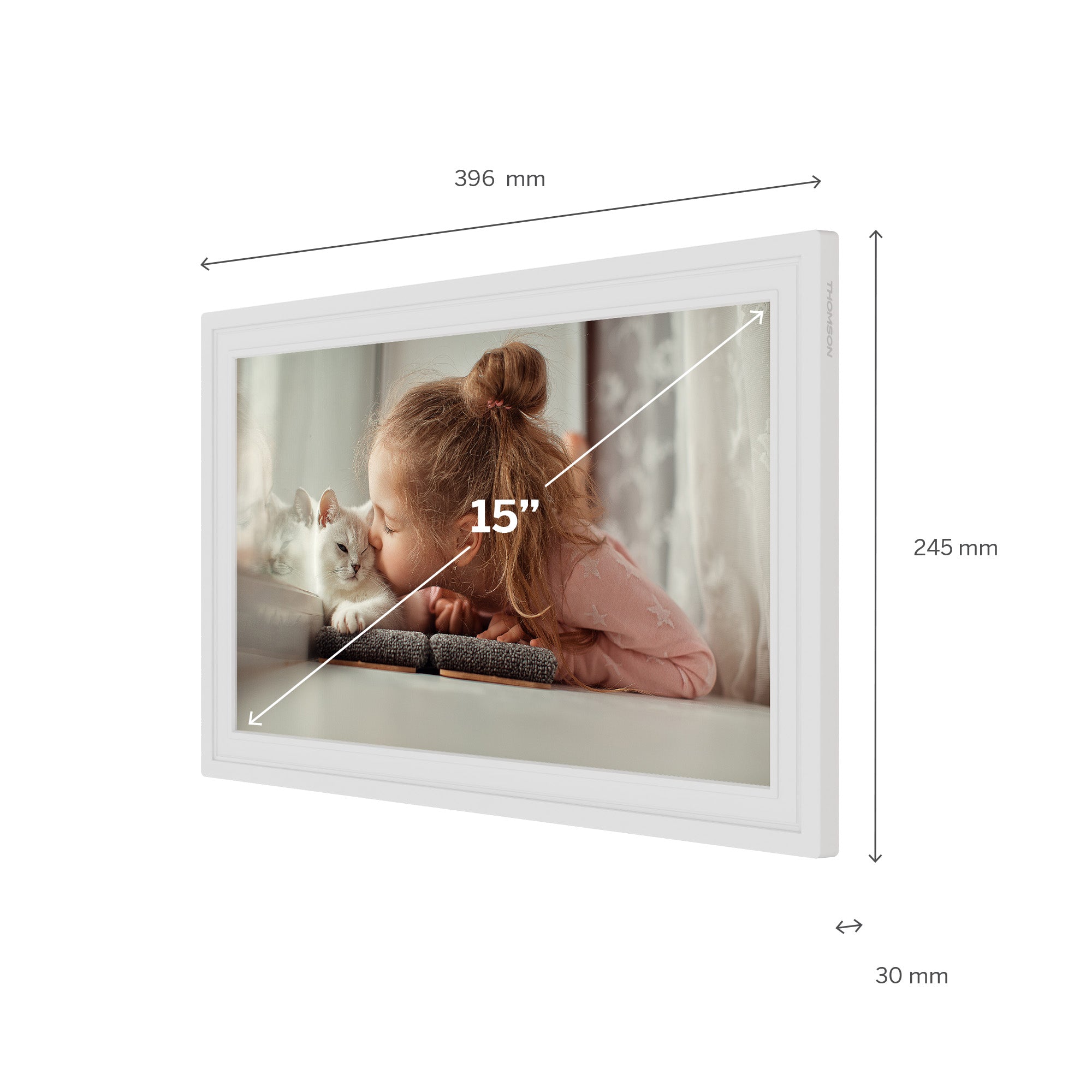Digital photo frame with dimensions displayed on a white background