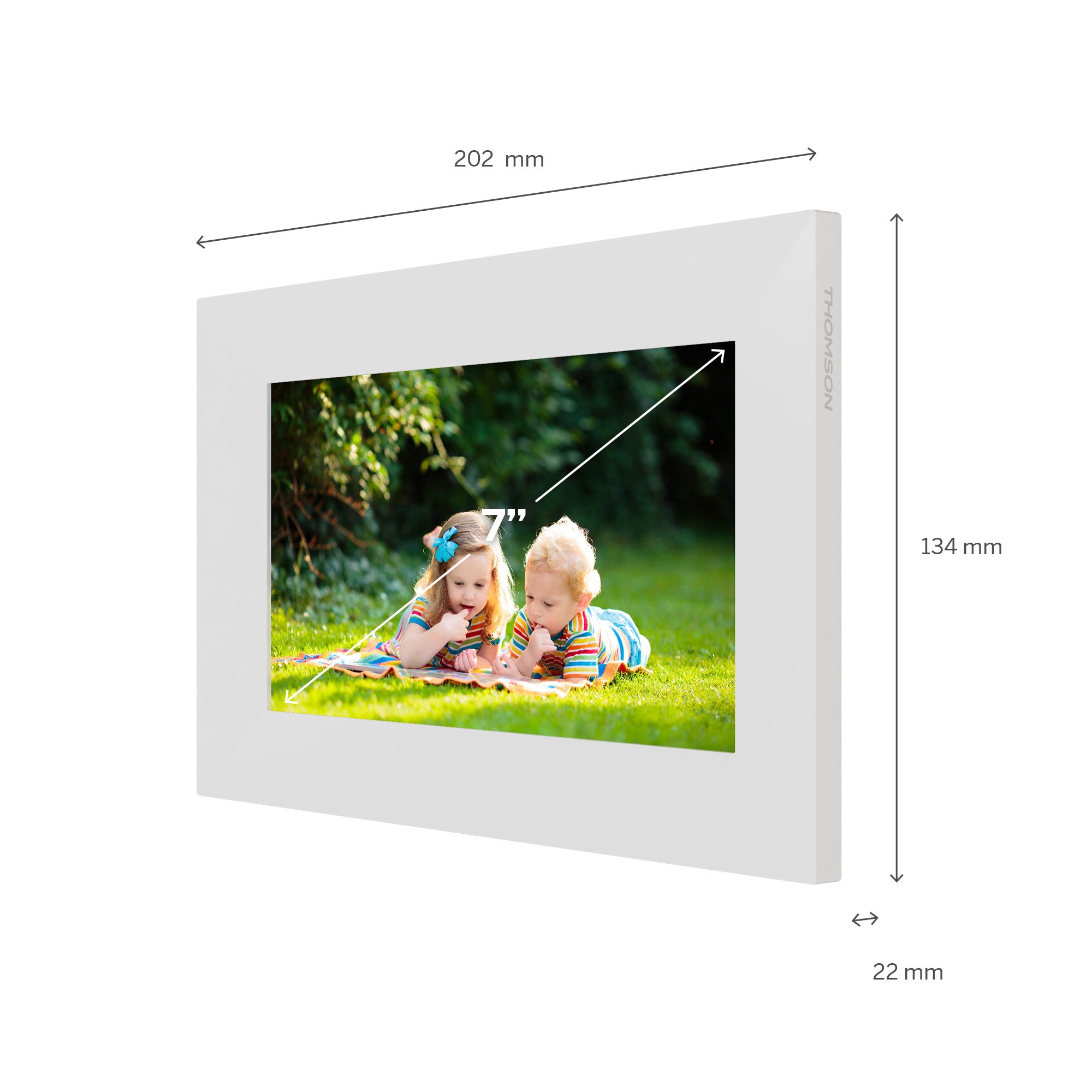 Digital photo frame with dimensions labeled on a white background