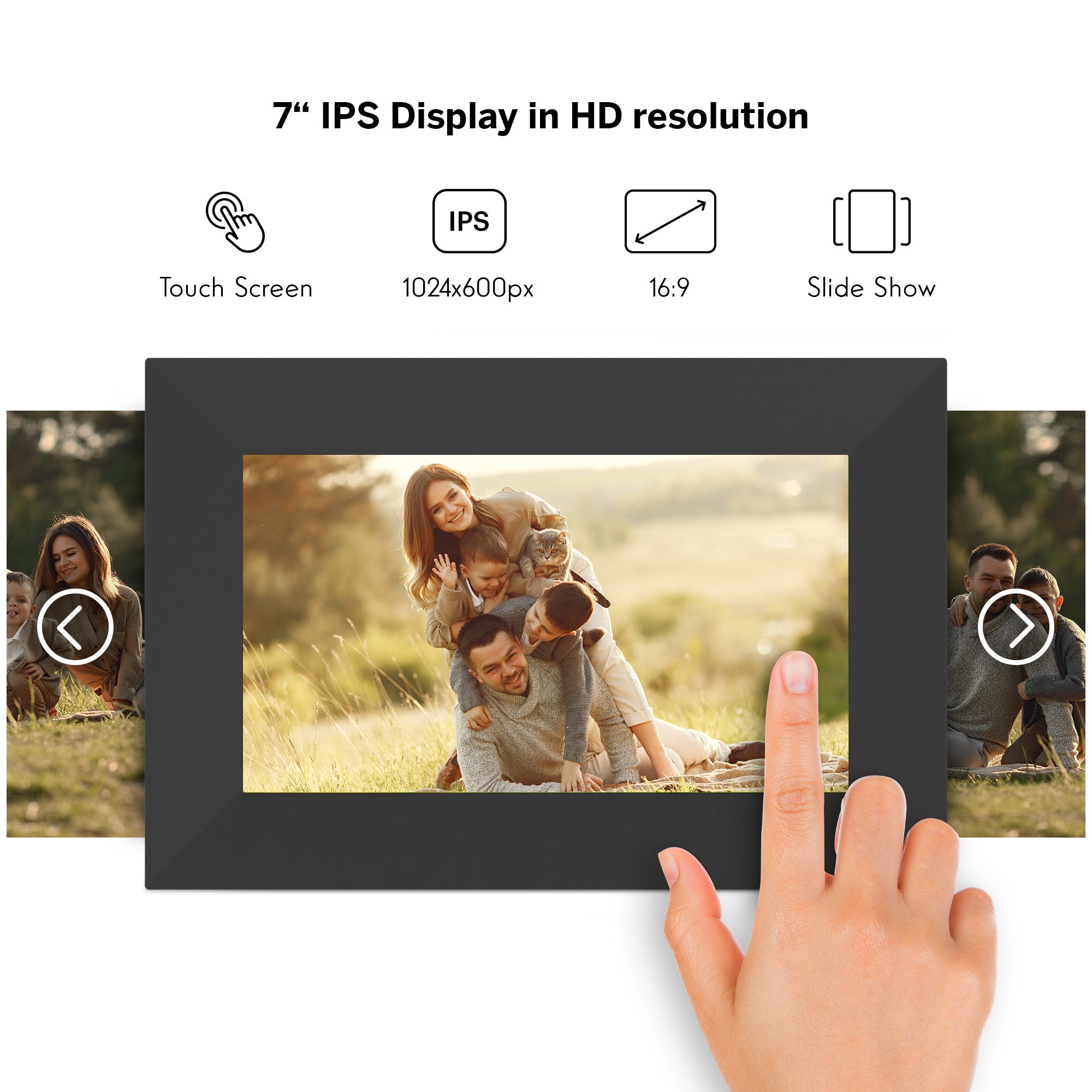 Digital photo frame with a hand interacting with it, displaying a family photo on a 7-inch IPS screen.
