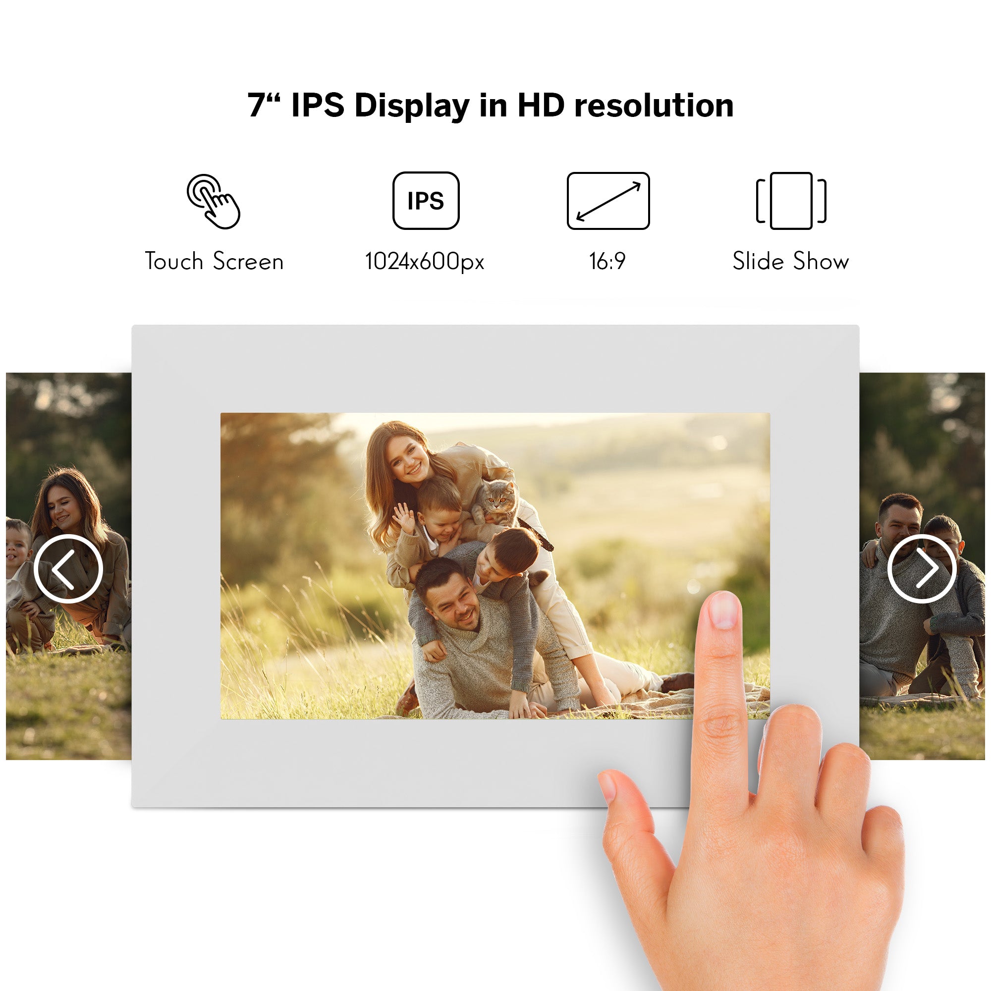 Digital photo frame with a hand interacting with it, displaying a family photo on a white background.