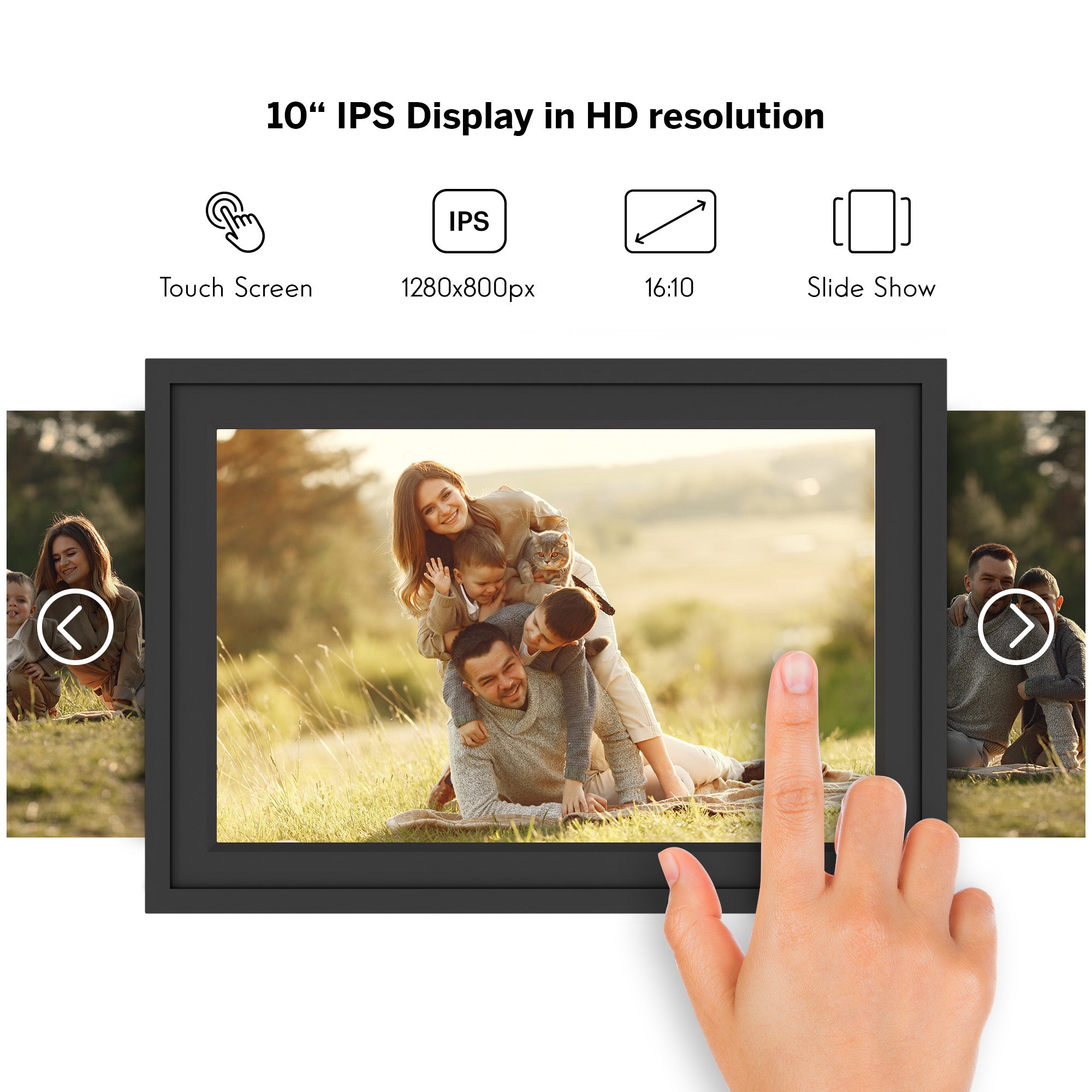 Digital photo frame with a hand interacting with it, displaying a family photo on a white background.