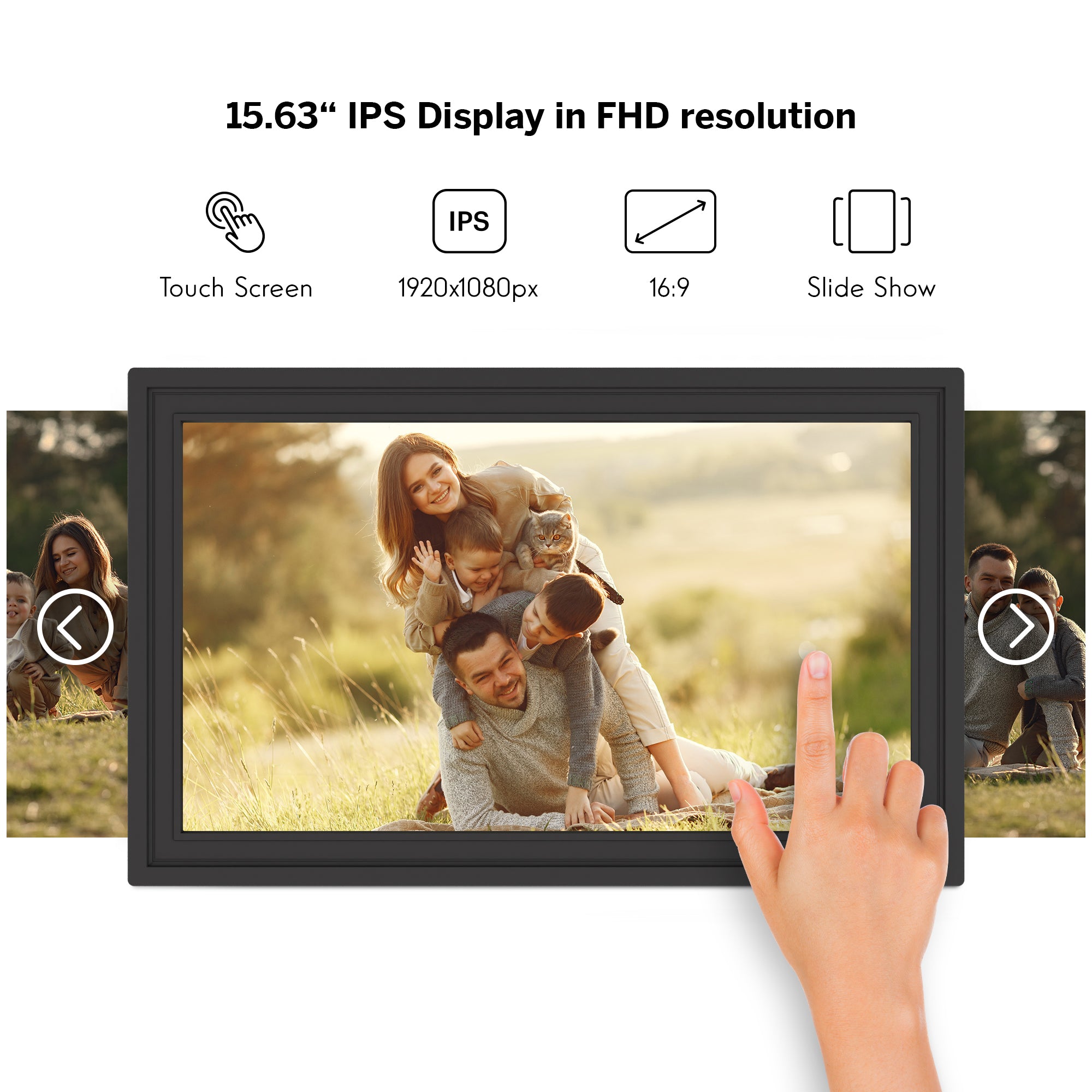 Digital photo frame displaying a family photo with touch screen features highlighted.