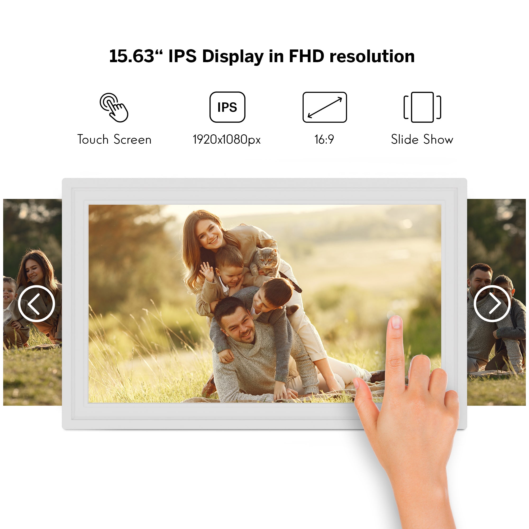 Digital photo frame displaying a family photo with text about display specifications.
