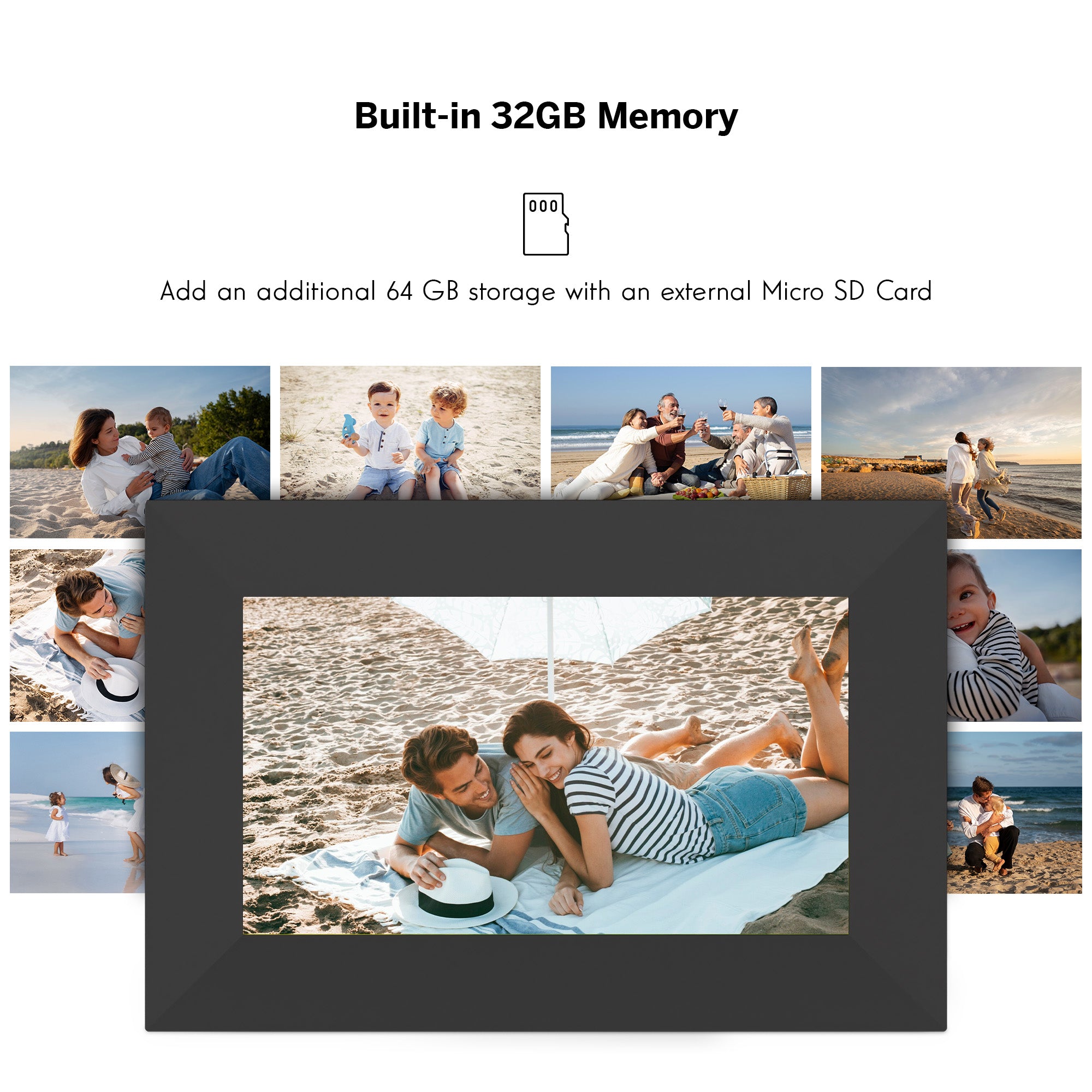 Digital photo frame with built-in 32GB memory and option to add external storage, surrounded by family beach photos.