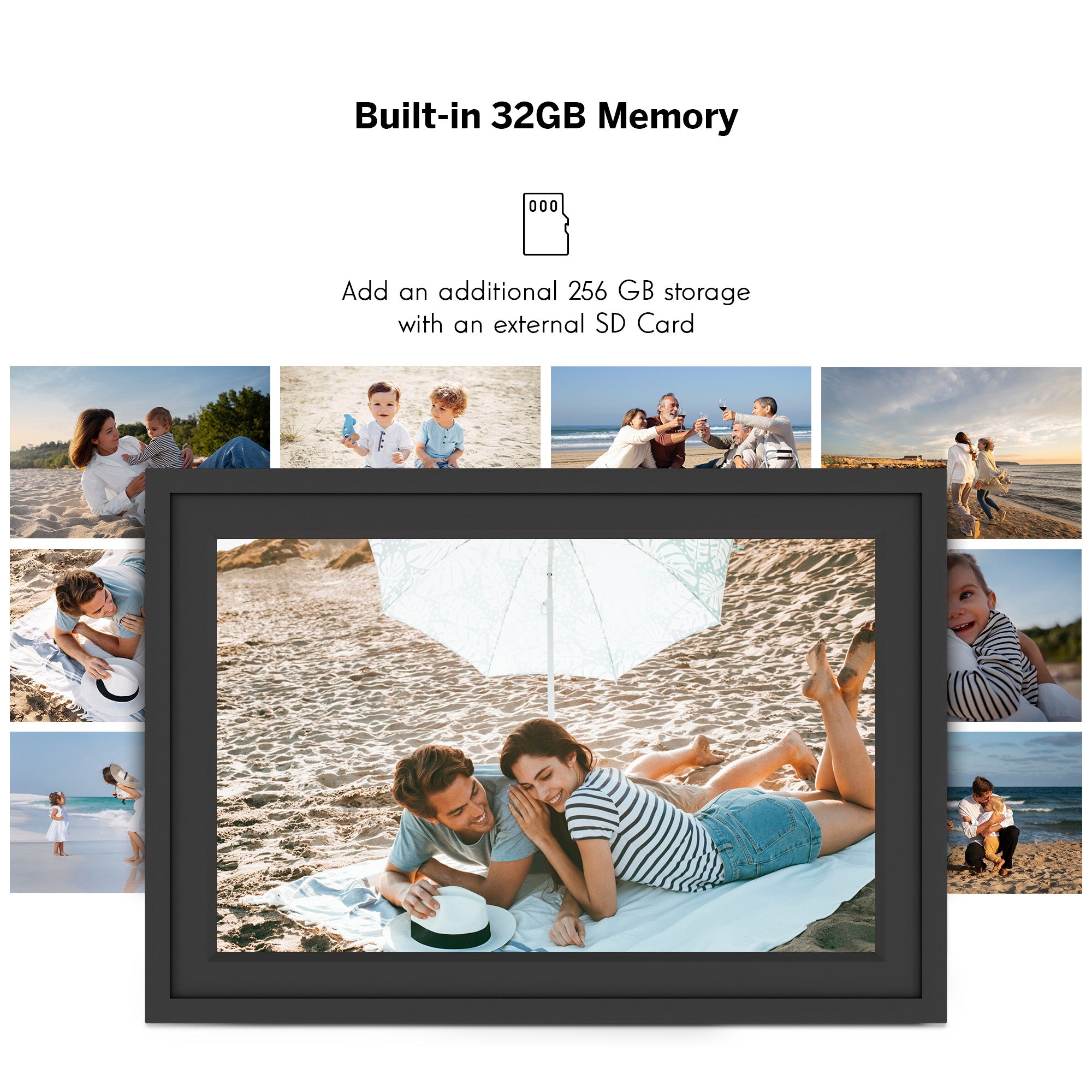 Digital photo frame with built-in 32GB memory and option to add external storage, surrounded by family beach photos.