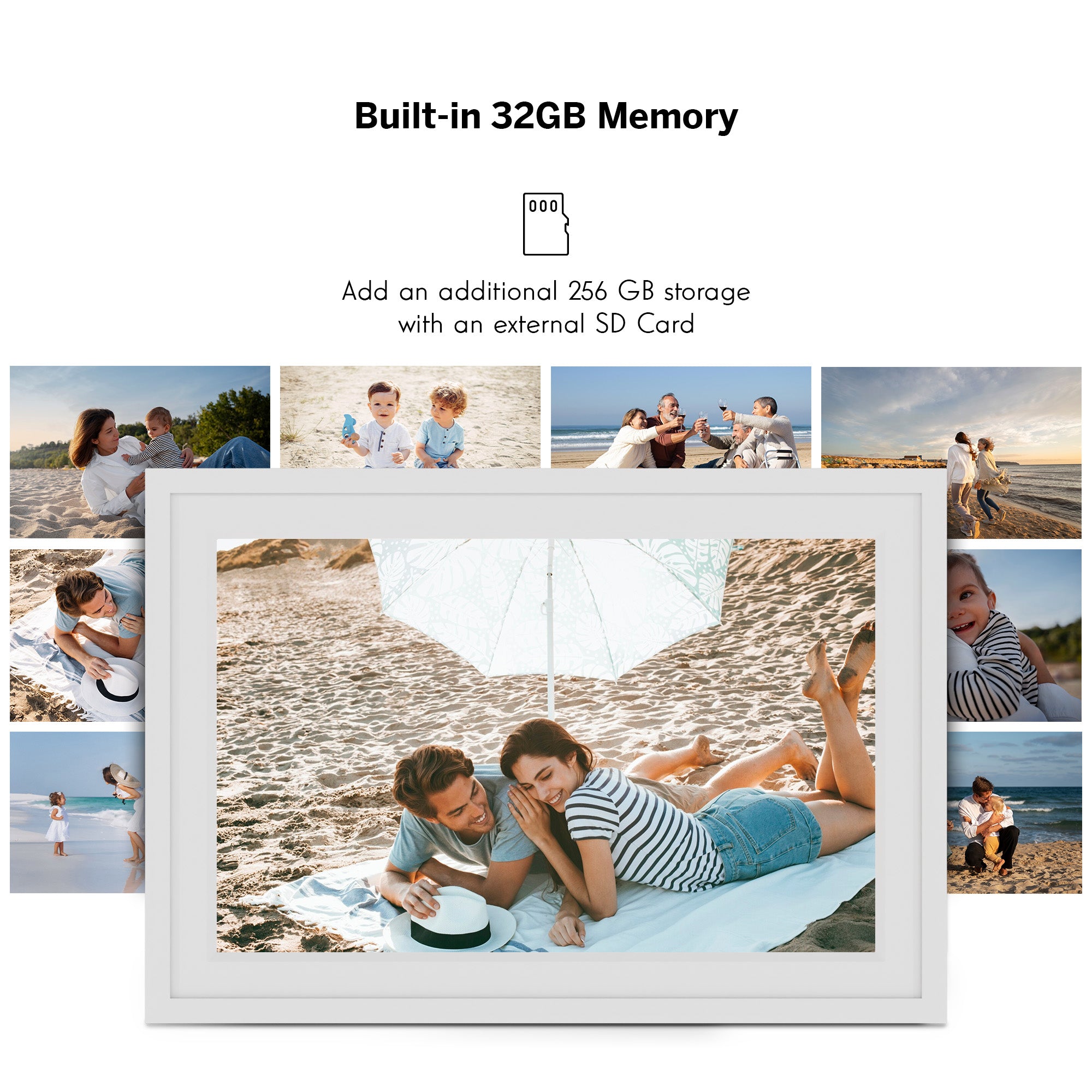 Digital photo frame with built-in 32GB memory and option to add external storage, surrounded by family beach photos.