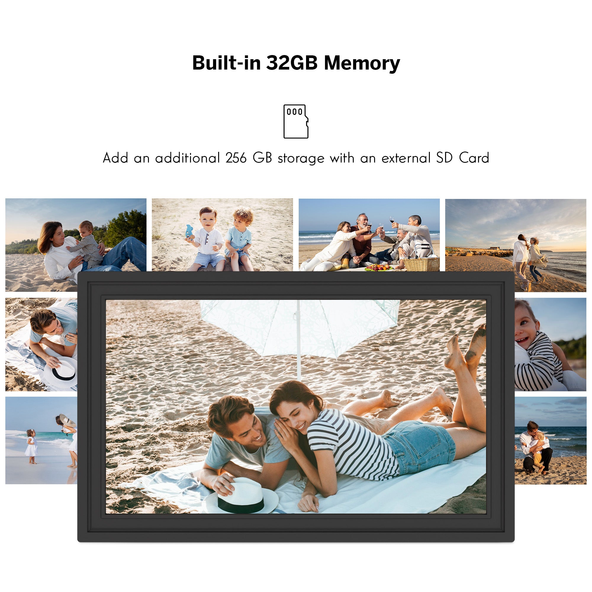 Digital photo frame displaying a collage of family beach photos with text about built-in memory and SD card storage options.