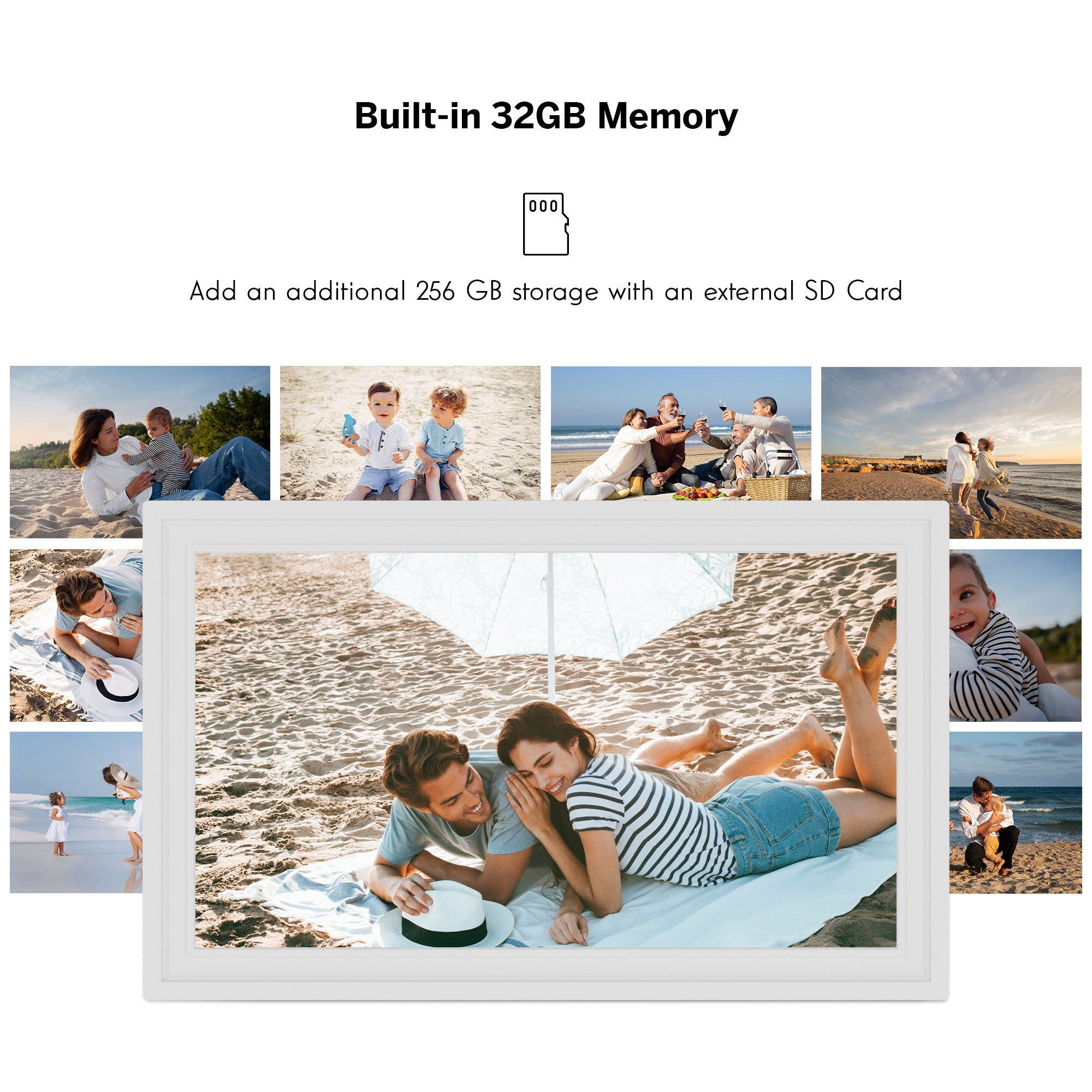 Digital photo frame with built-in 32GB memory and option to add external SD card storage, shown with family beach photos.