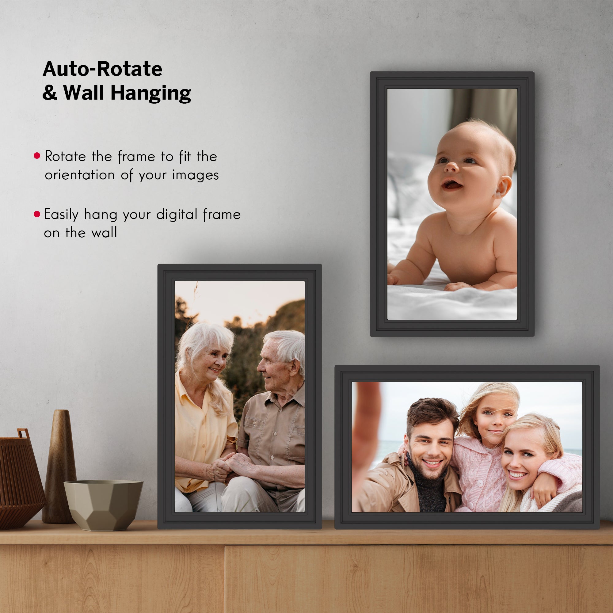 Digital photo frames displaying family images on a wall with text about auto-rotation and wall hanging.