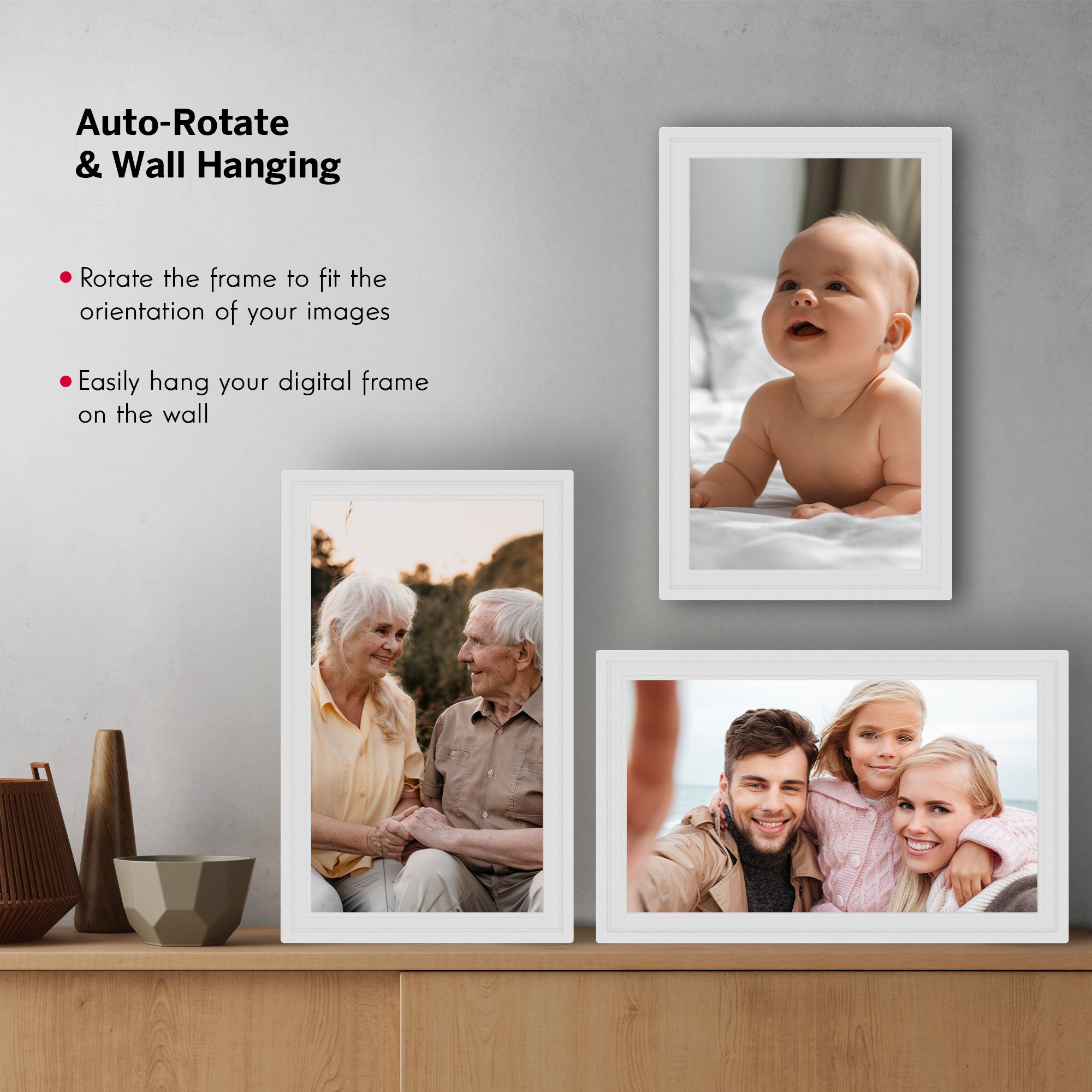Digital photo frames displaying family images on a wall with text about auto-rotation and wall hanging.