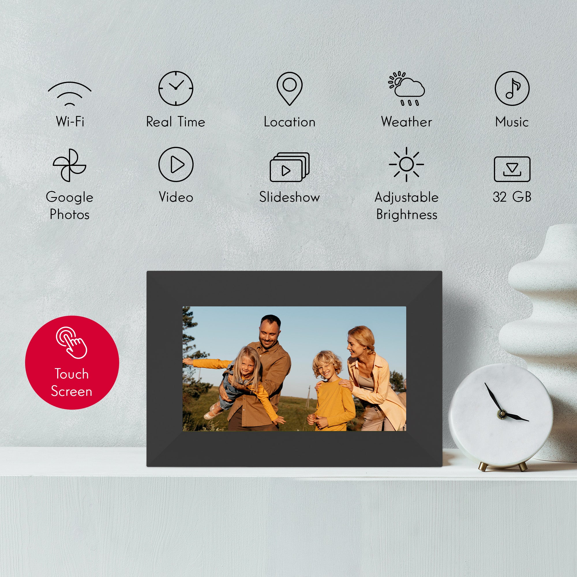 Digital photo frame with family photo on a white surface, surrounded by icons and text.