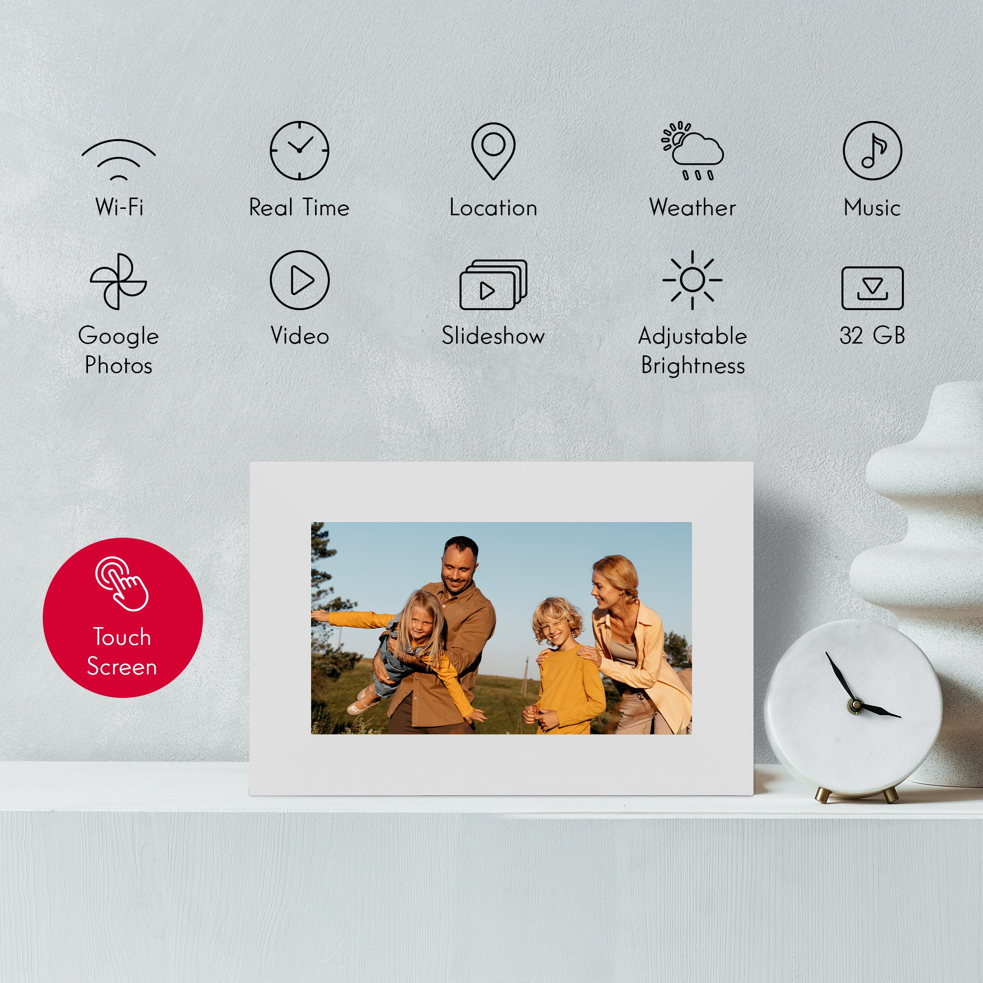 Digital photo frame with family photo on a light gray background with feature icons above.