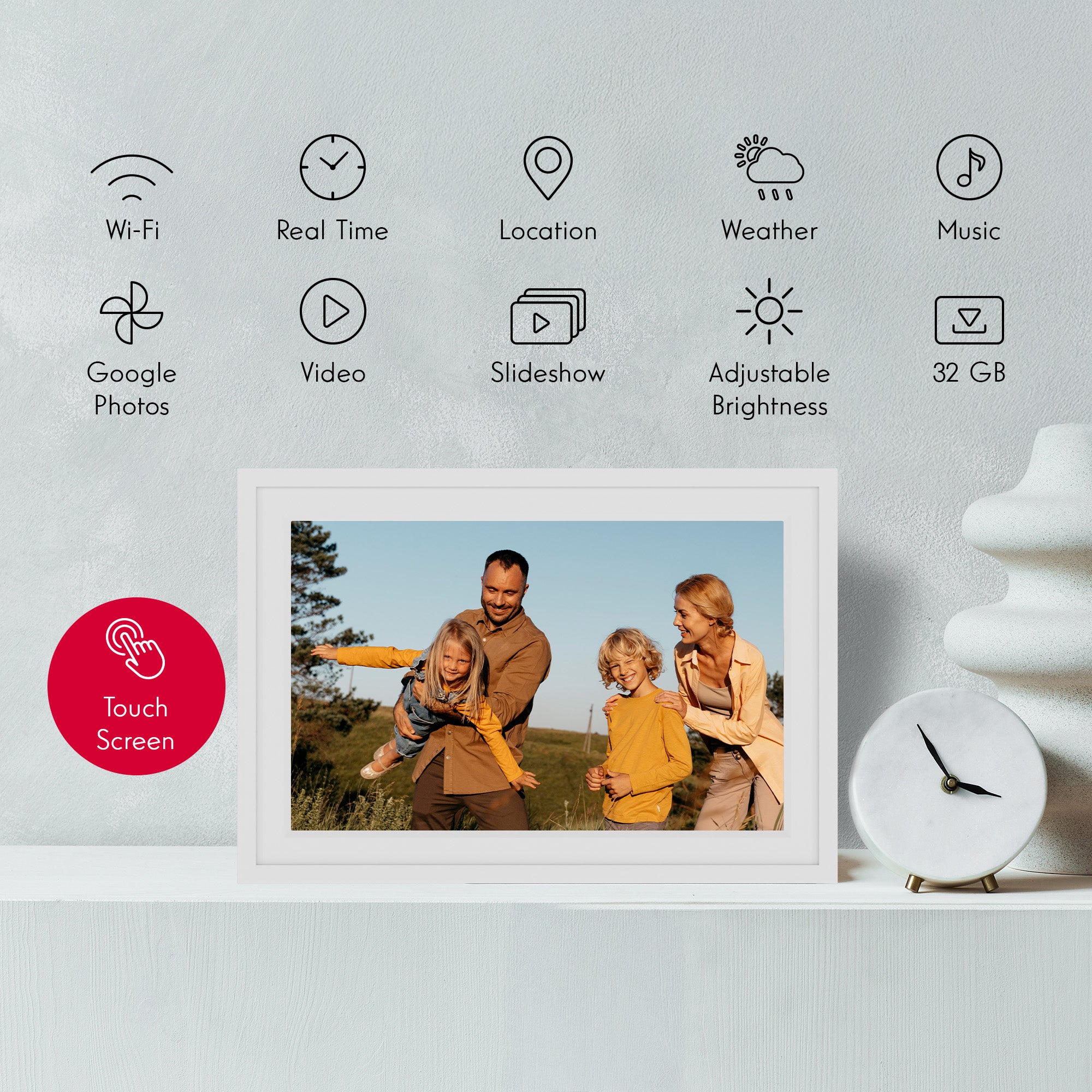 Digital photo frame with family photo and feature icons on a light gray background