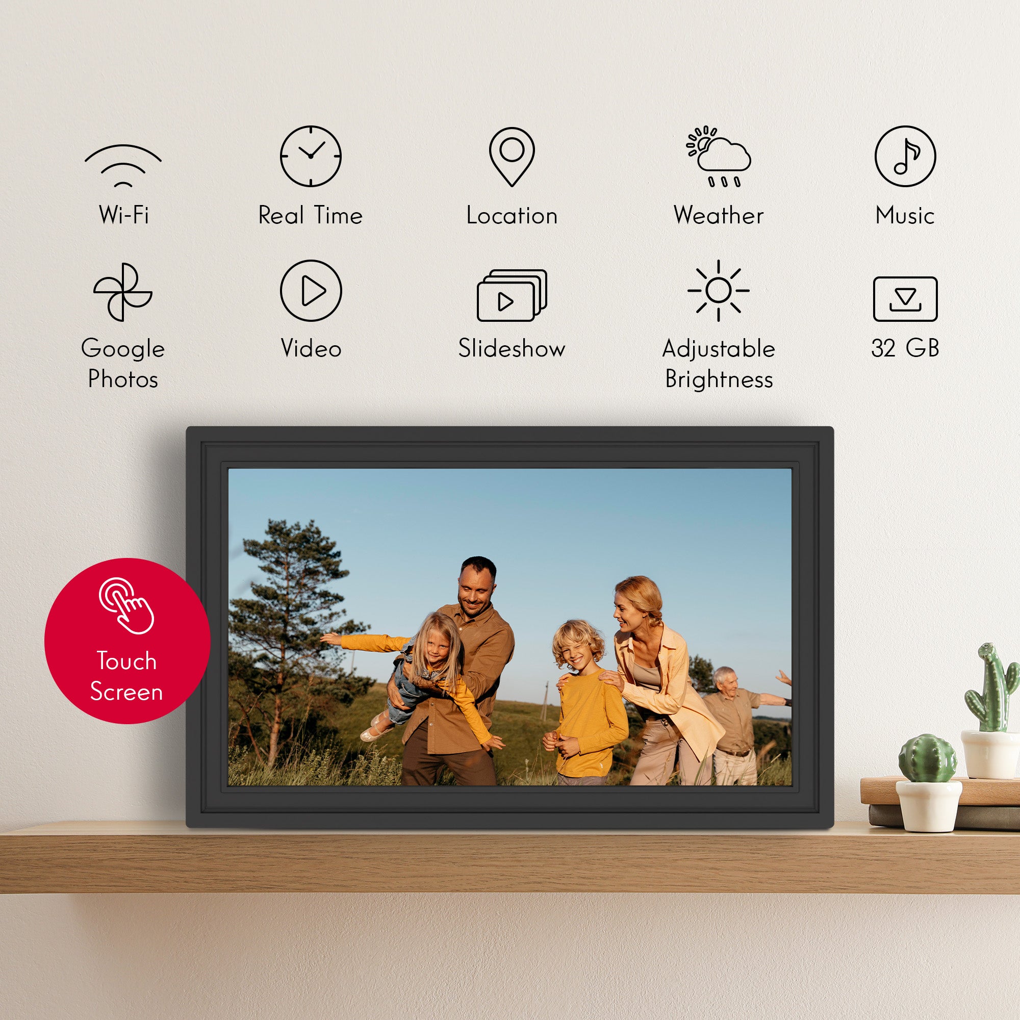 Digital photo frame with family photo on screen, surrounded by icons and features.