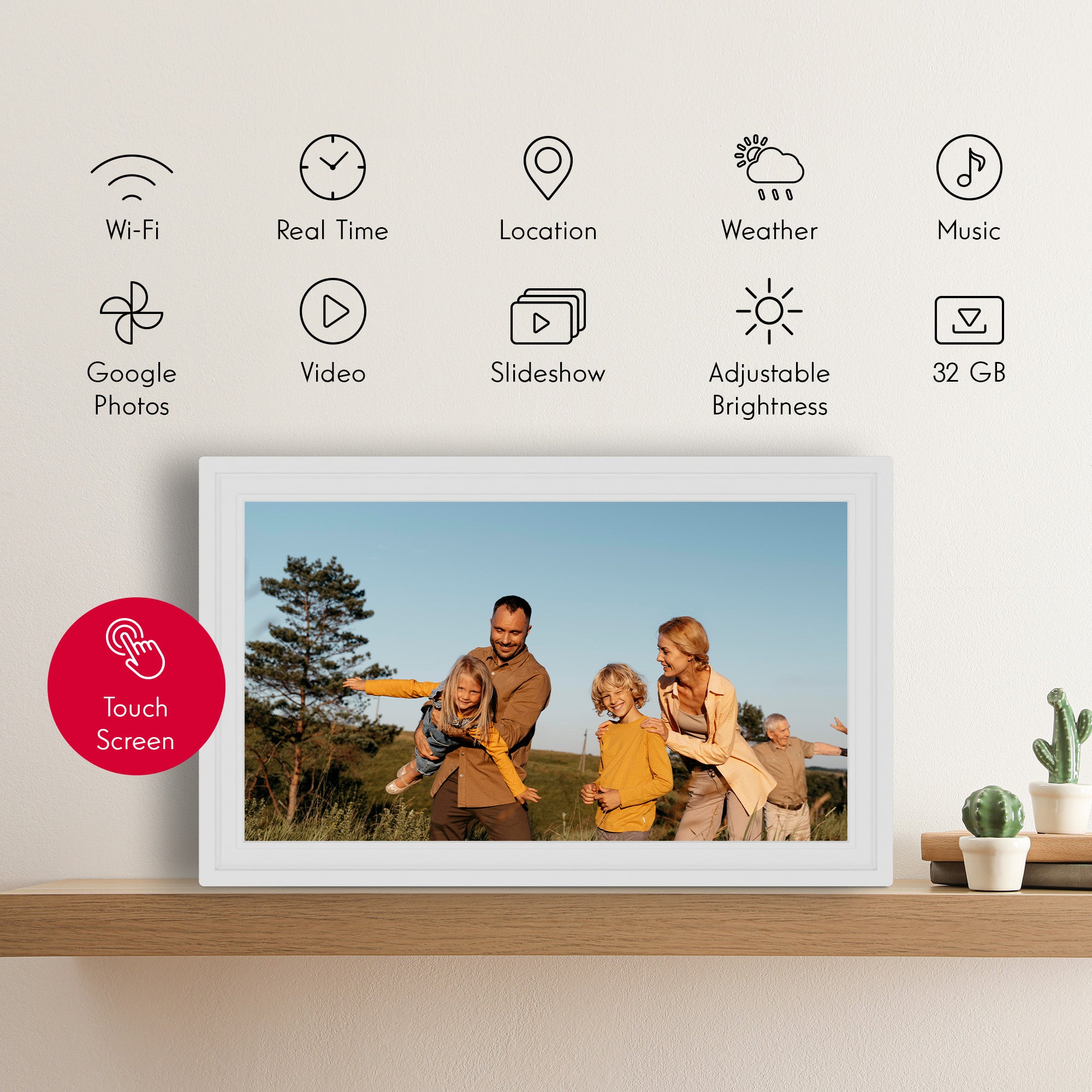 Digital photo frame with family photo on a shelf, surrounded by icons indicating features like Wi-Fi, real-time updates, and music.
