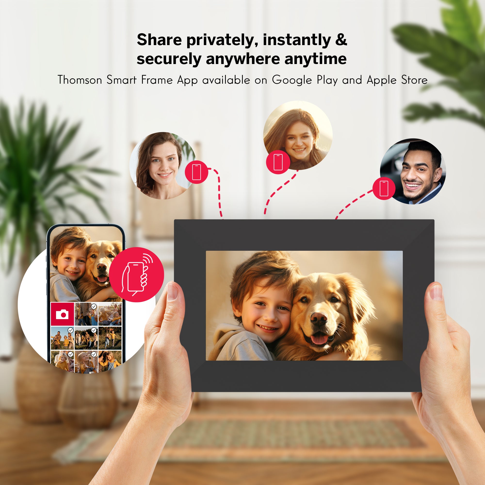 Digital photo frame displaying a child and dog with a smartphone app interface, set against a home interior background.