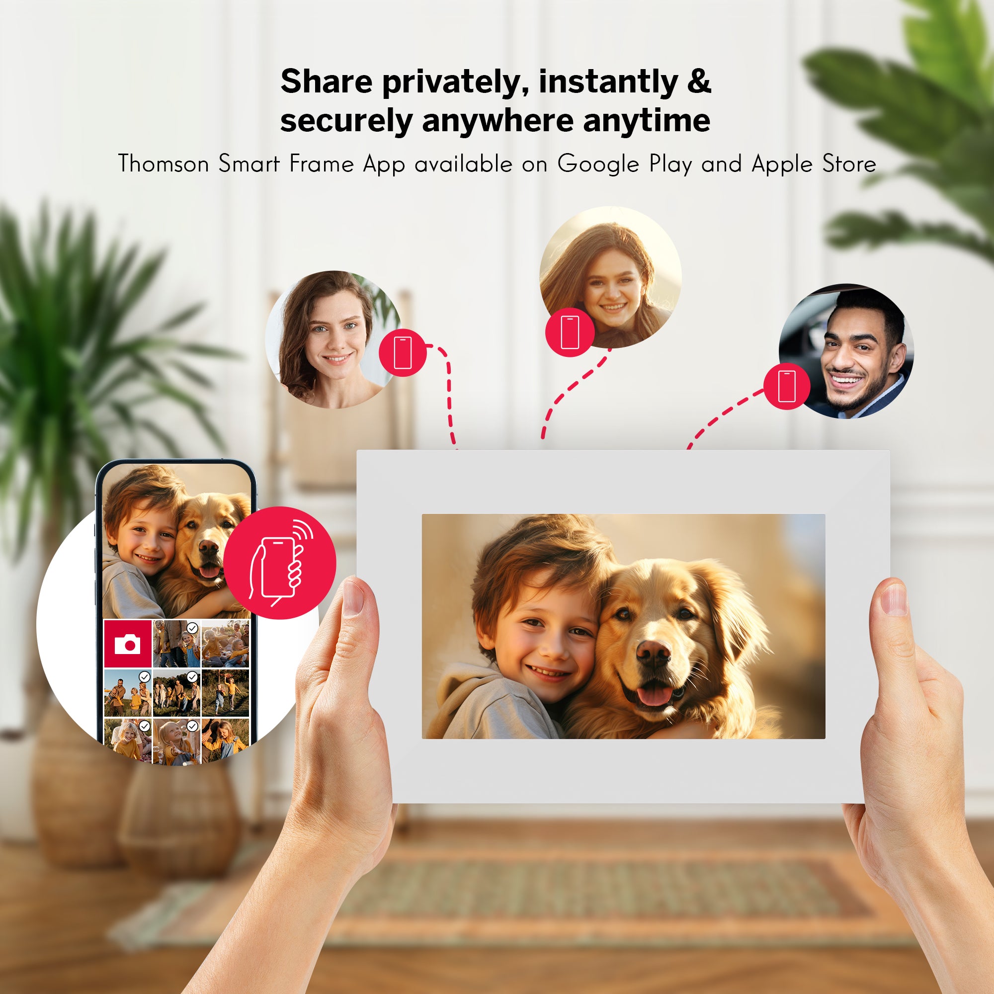 Digital photo frame displaying a child and dog with a smartphone app interface, set against a home interior background.