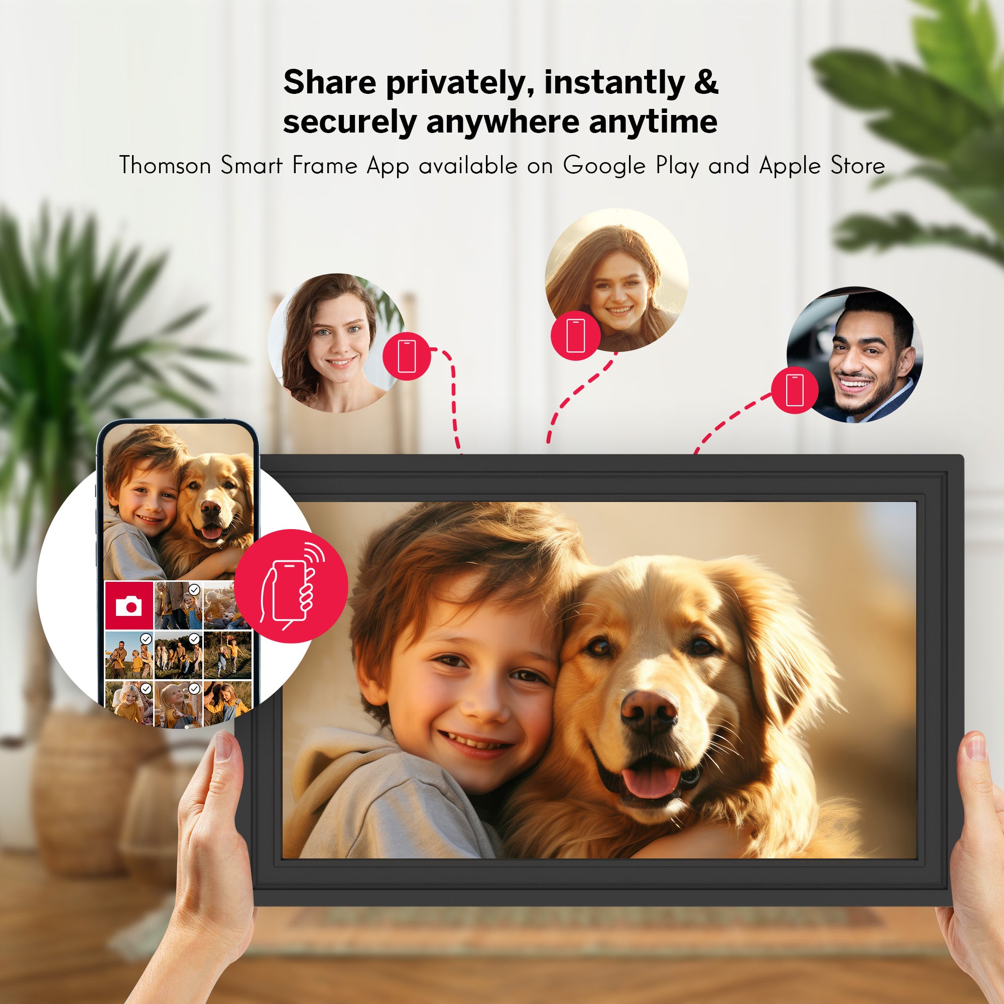 Smart photo frame displaying a child and dog with text about sharing photos privately, instantly, and securely.