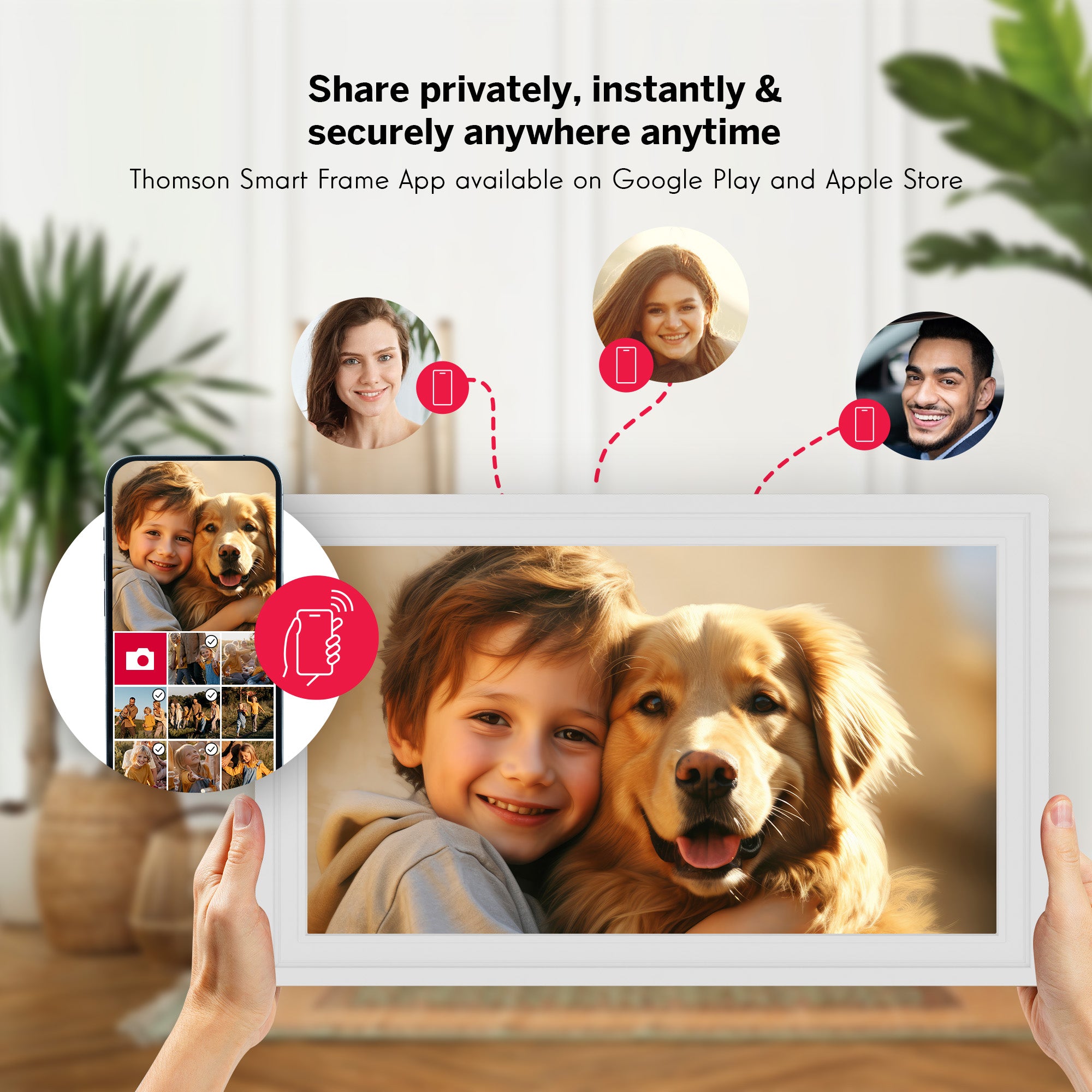 Smart frame displaying a child and dog with a phone showing photos, set against a home interior background.