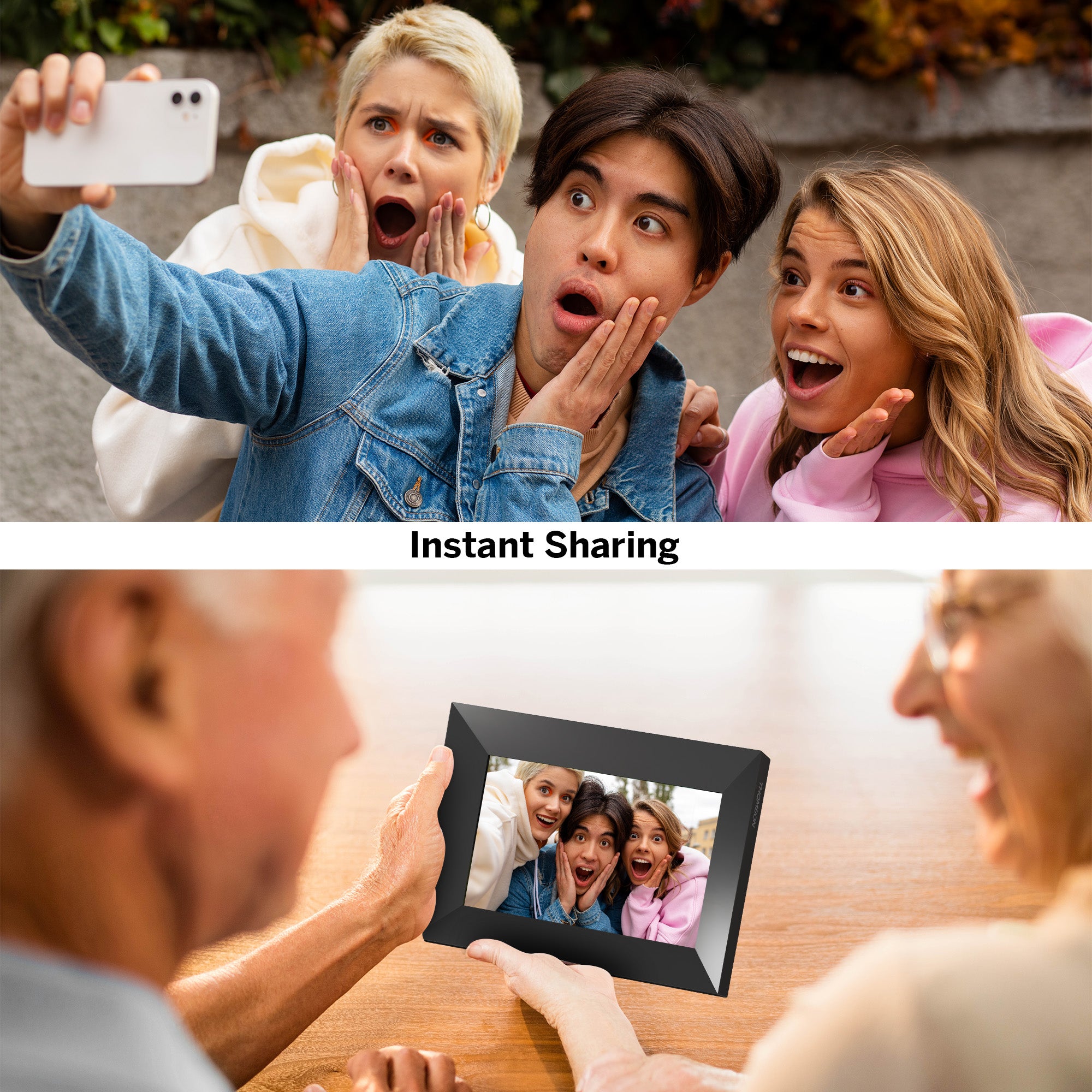 Top: People taking a selfie with an 'Instant Sharing' text overlay. Bottom: People looking at a digital photo frame displaying a family photo.