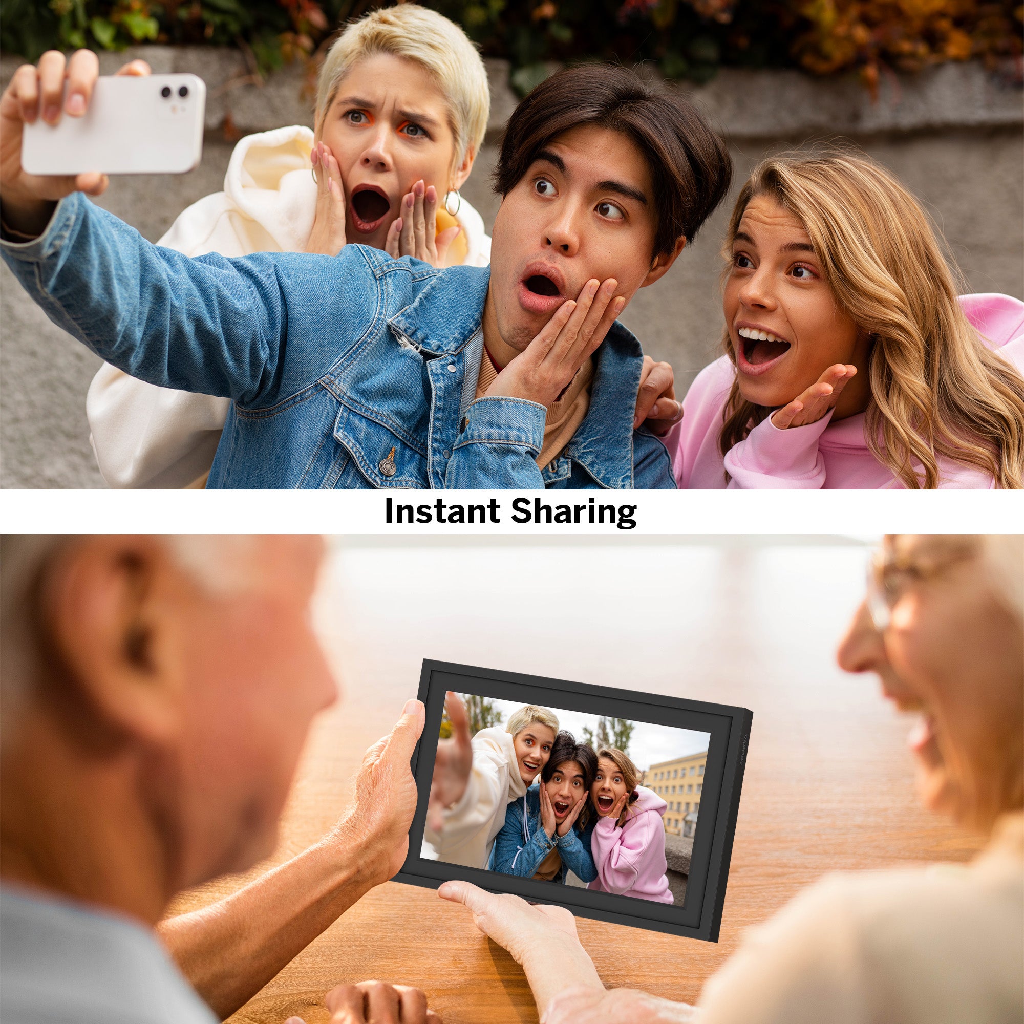 Top: Group of people taking a selfie. Bottom: People looking at a digital photo frame with a family photo.