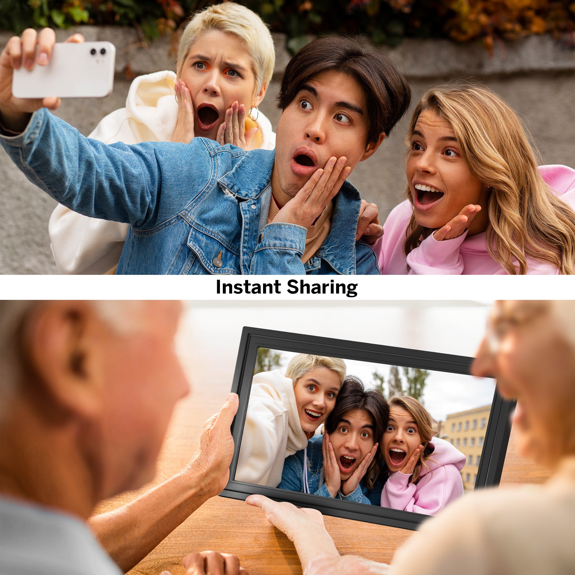 Top: Group of people taking a selfie. Bottom: People looking at a digital photo frame with the same group on screen.