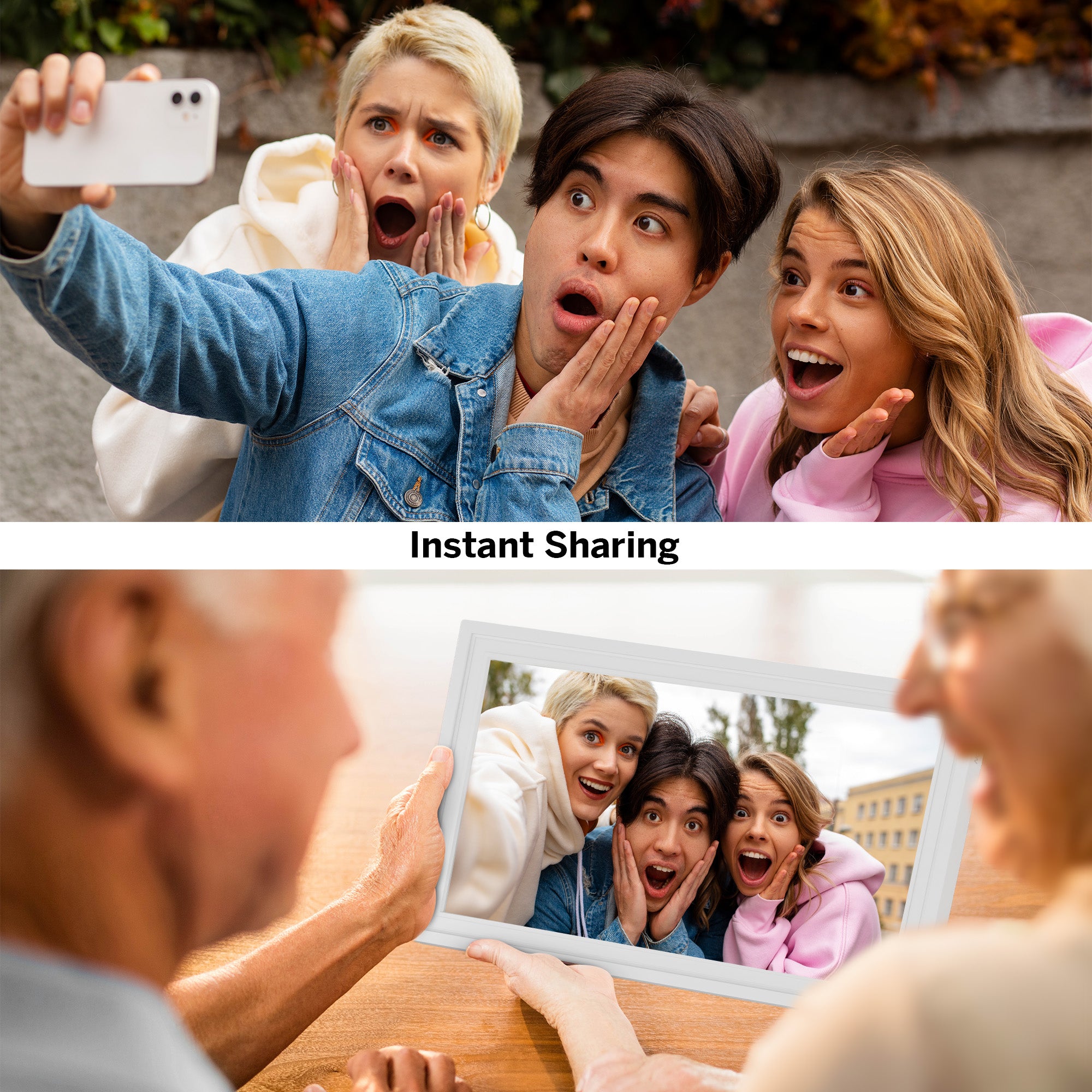 Two people taking a selfie with a phone, followed by another scene of them looking at a shared photo on a screen.