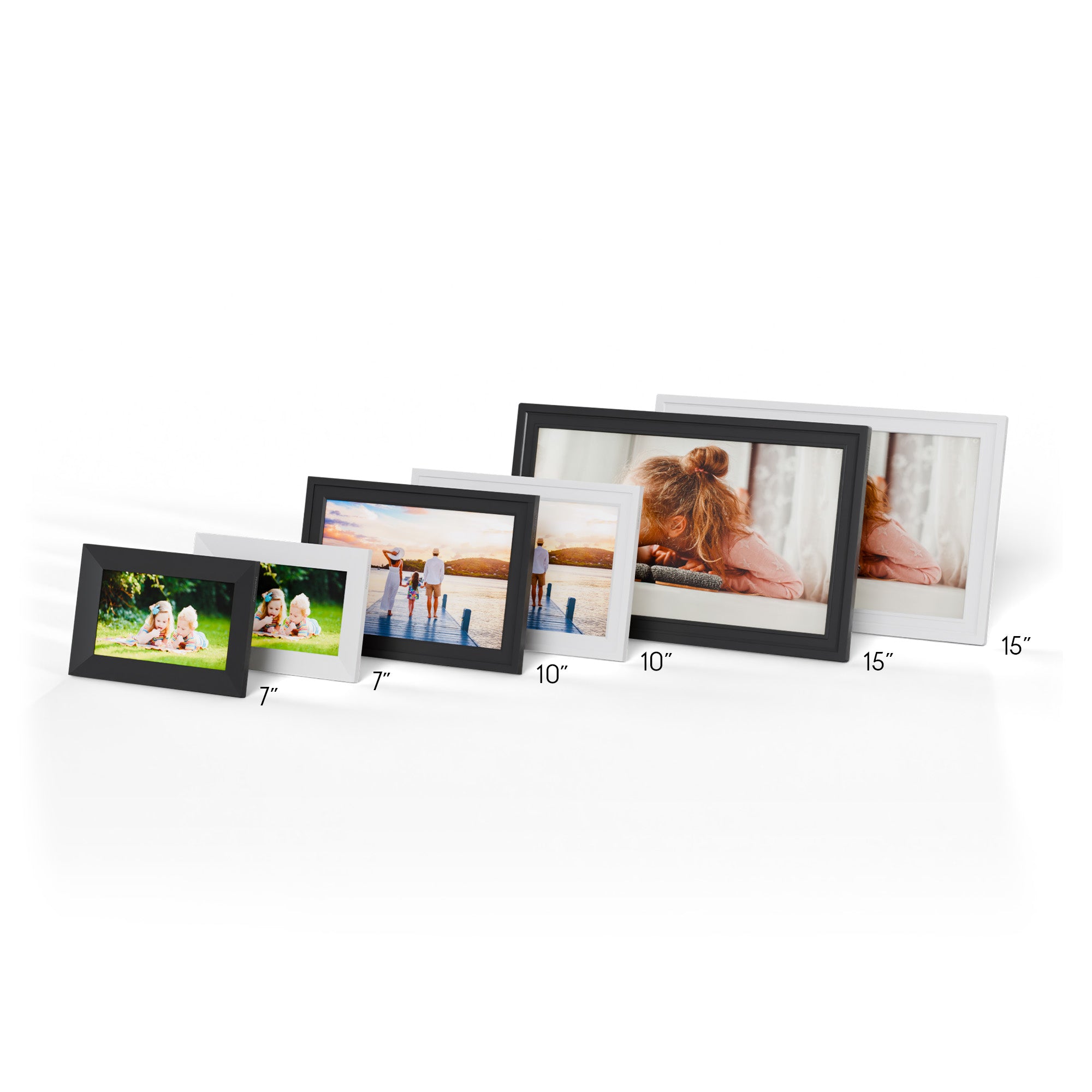 Set of various photo frames with sample images on a white background