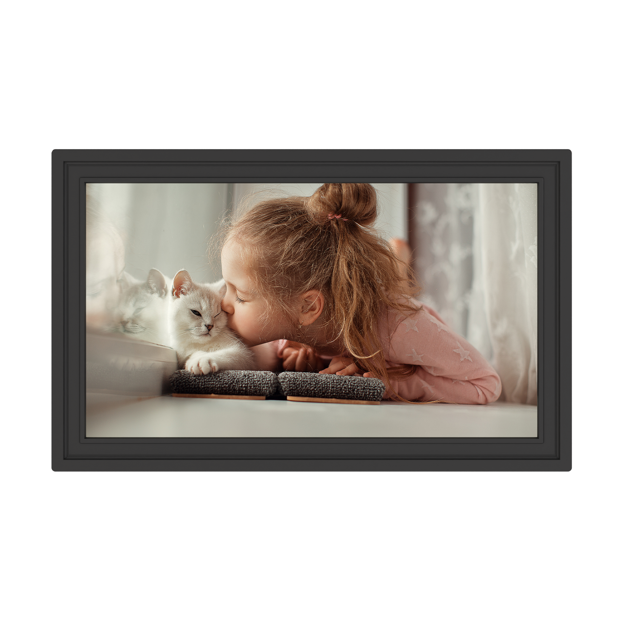 Digital photo frame displaying a picture of a child and a cat on a white background