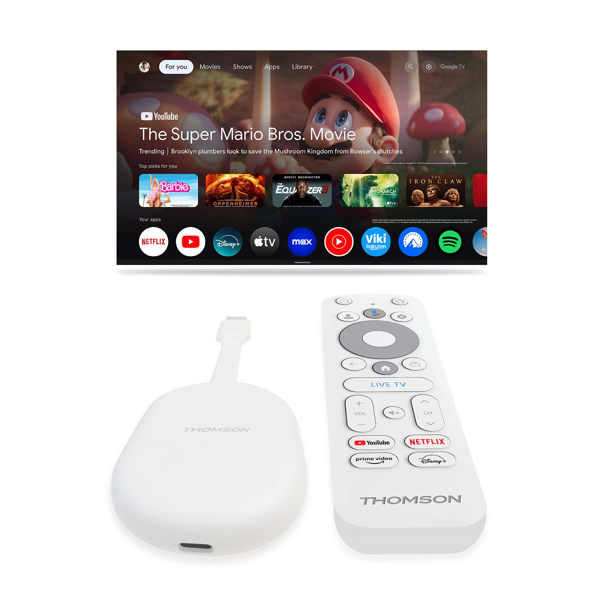 Thomson streaming device and remote control with a TV screen displaying a movie selection interface.