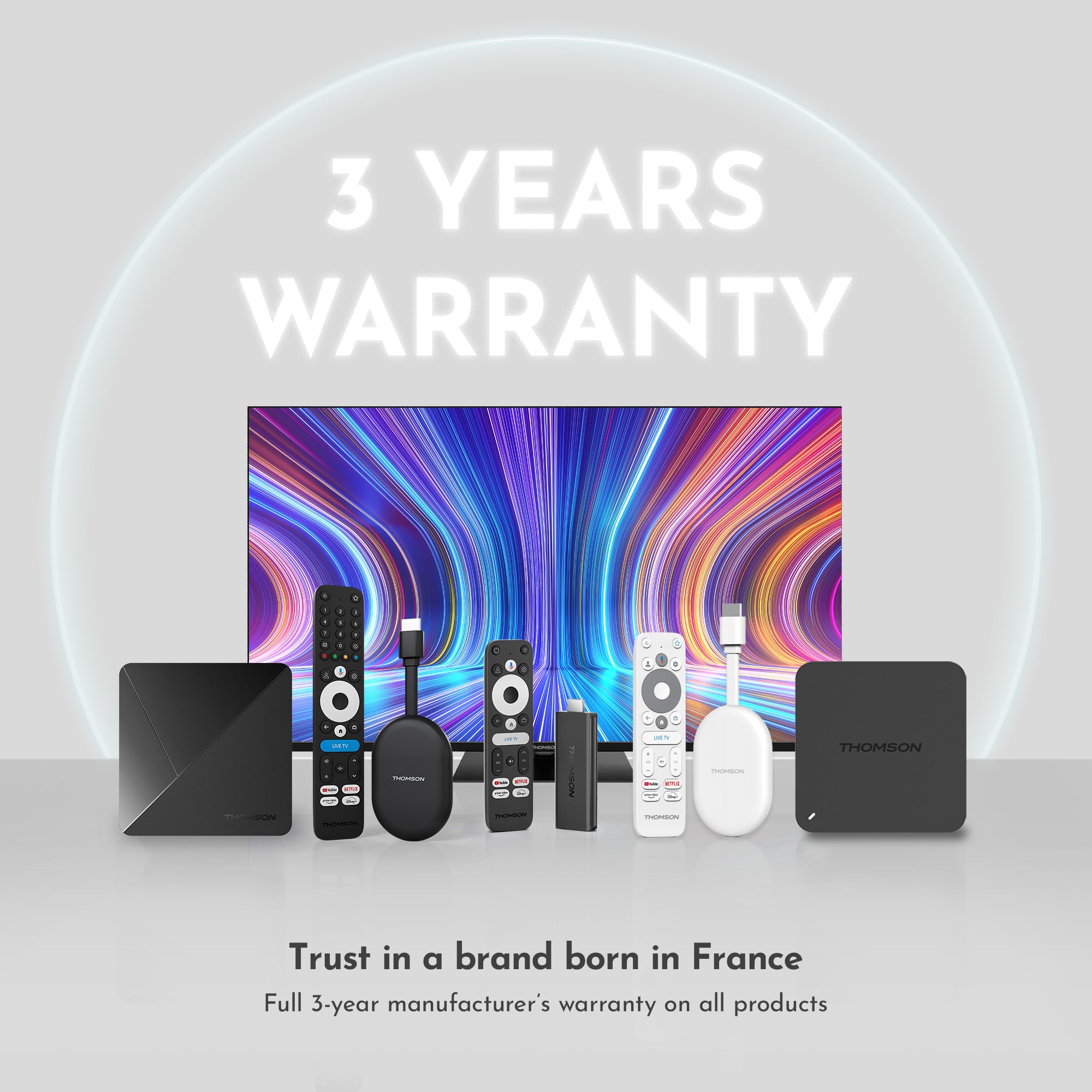 Electronic devices including a TV and streaming devices with a 3-year warranty text on a gray background.