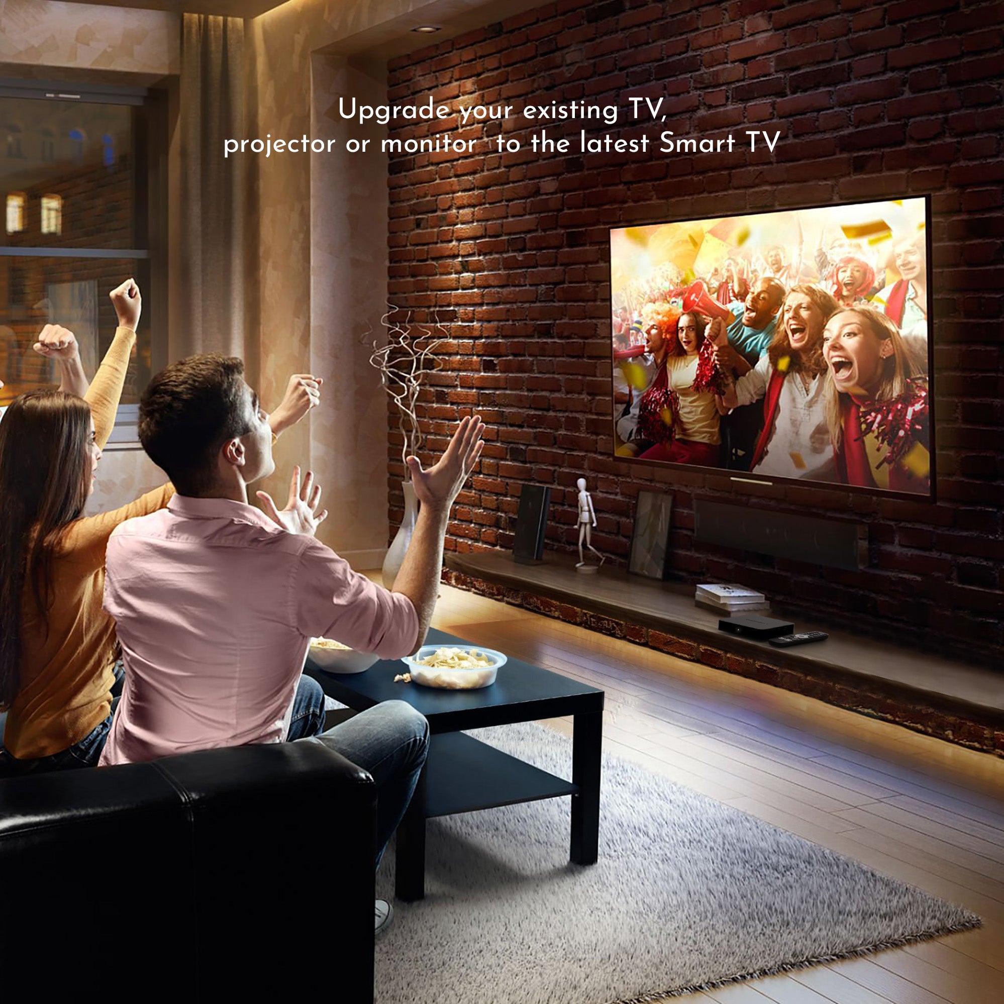 People watching a Smart TV in a living room with a brick wall.