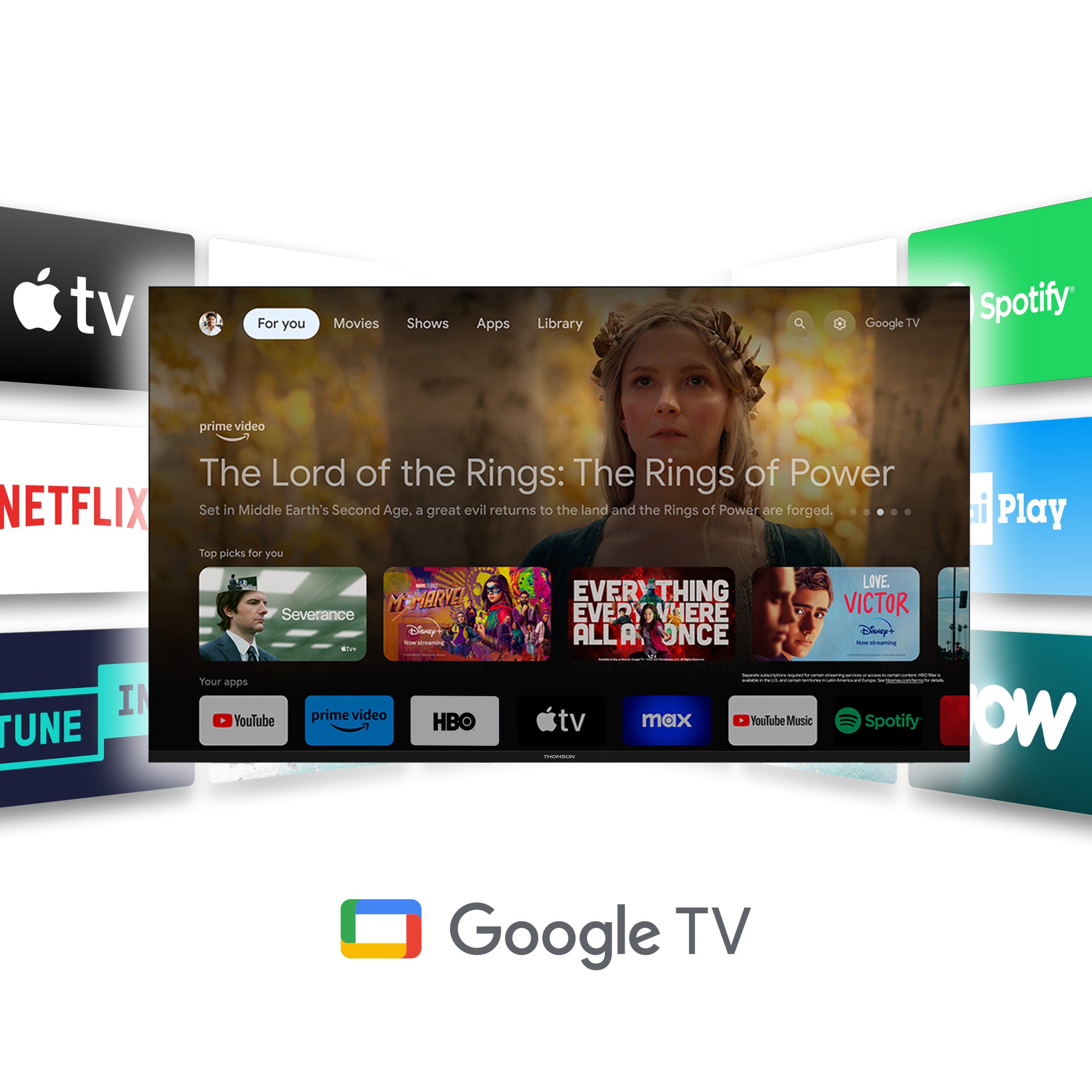 Google TV interface with streaming service logos on a white background