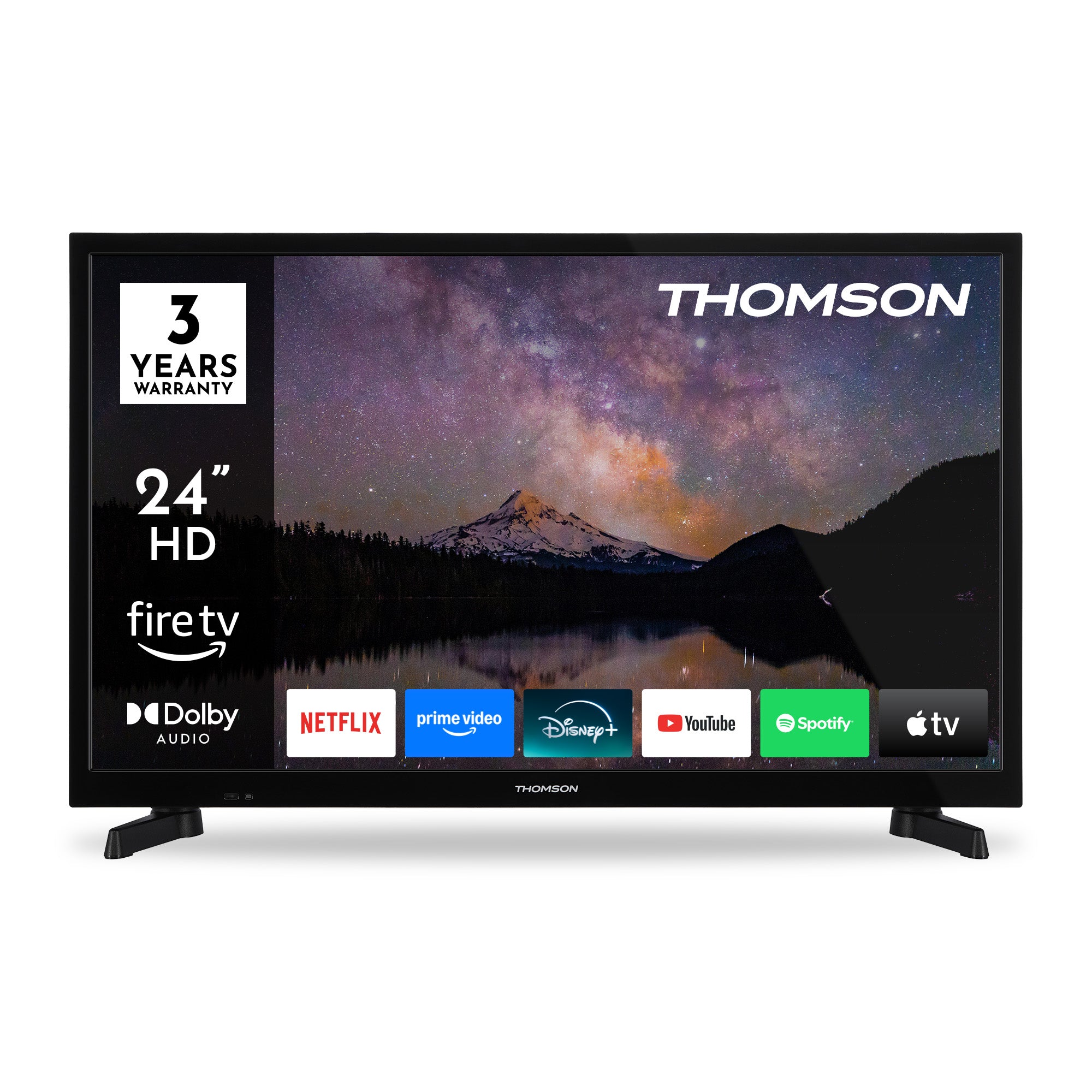 Thomson TV with display of streaming services on a white background