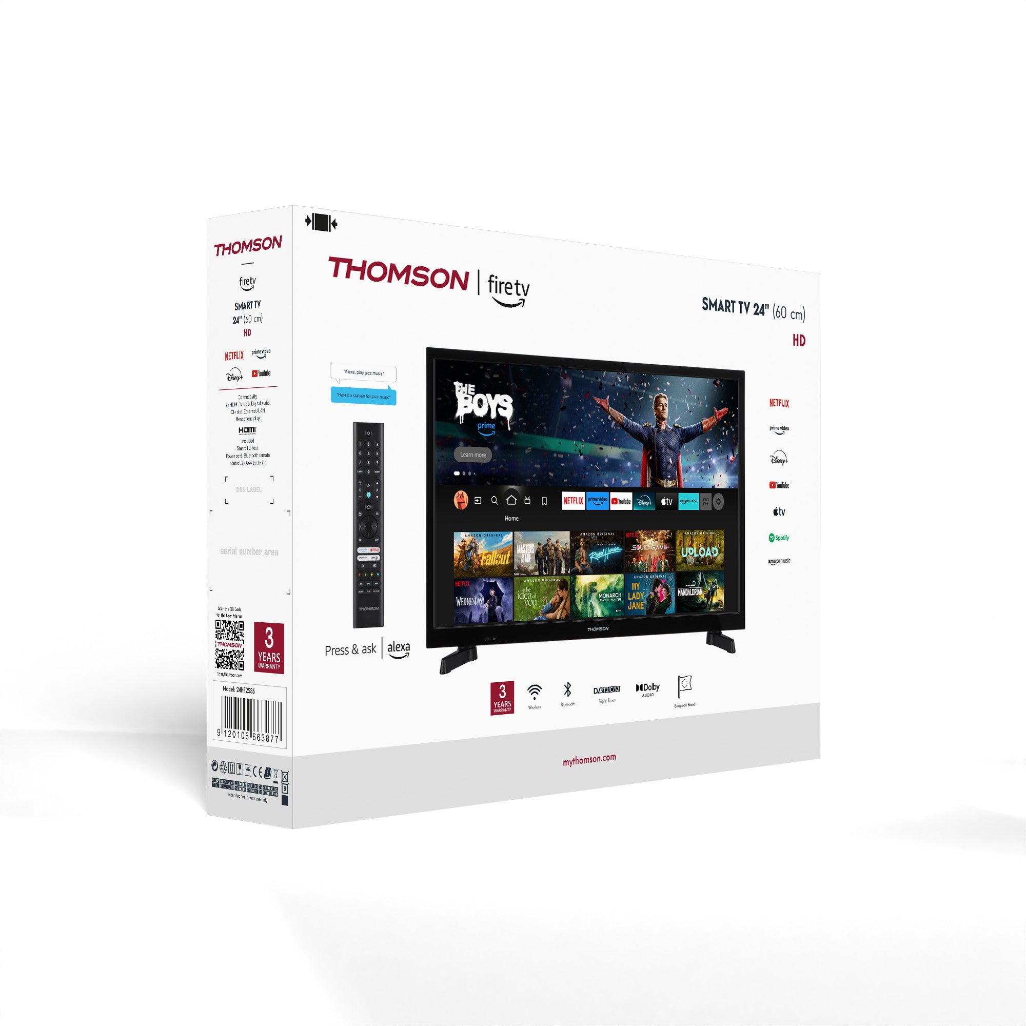 Thomson Fire TV packaging with screen displaying app interface on a white background