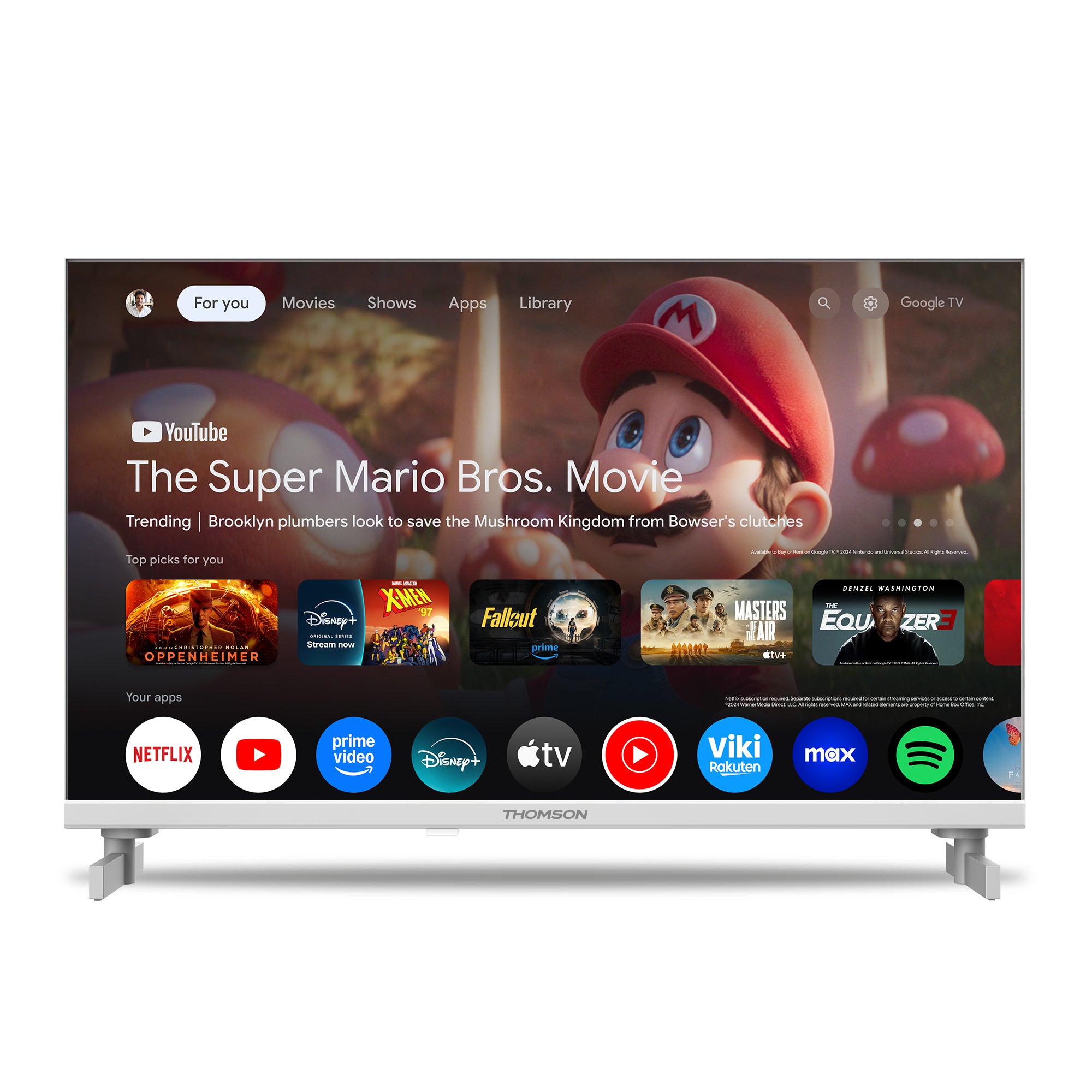Thomson Smart TV displaying a streaming platform interface with various app icons.