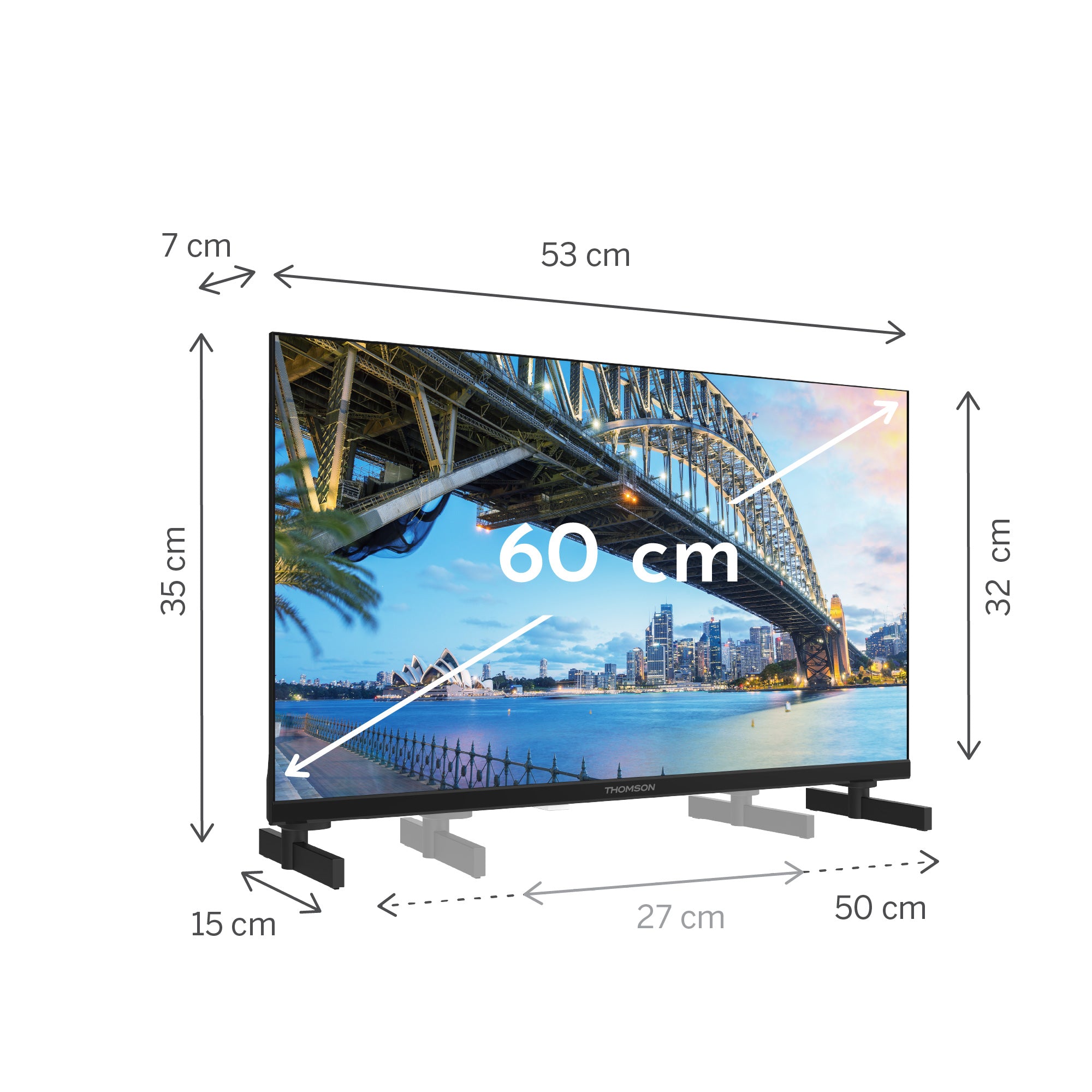Smart TV with dimensions labeled on a white background