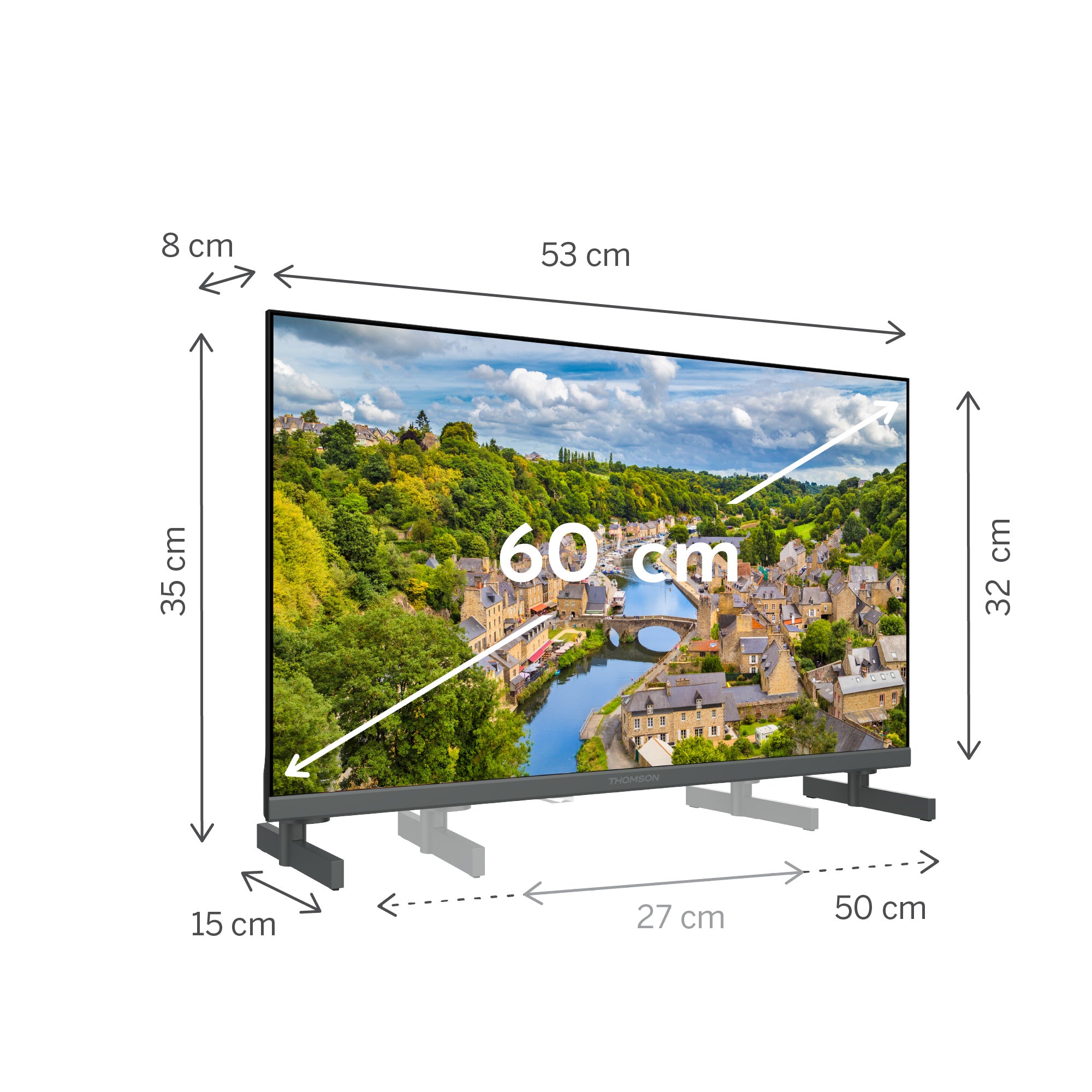 Dimensions of a TV screen displaying a scenic image with labeled measurements.
