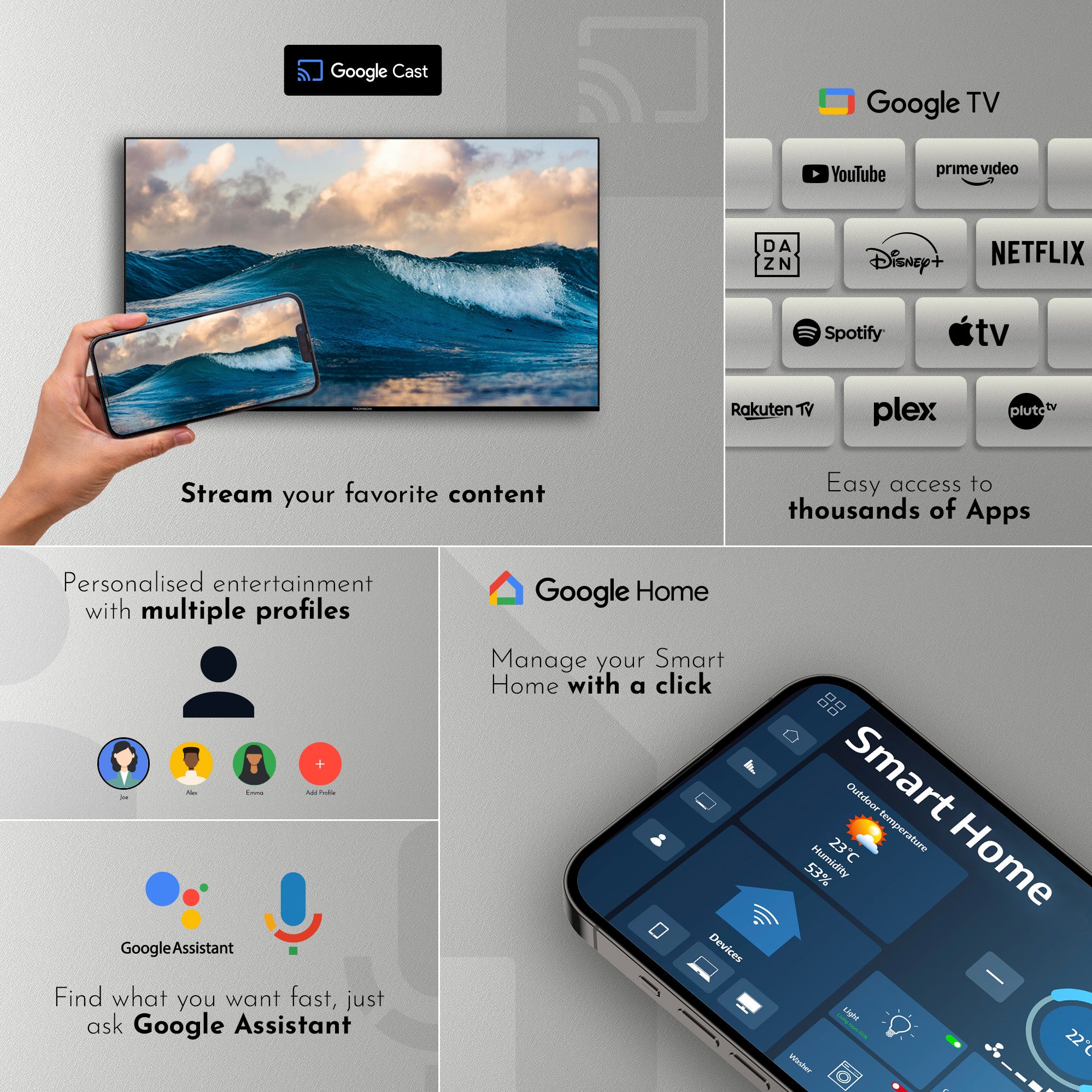 Collage of Google TV and smart home devices with text on a light gray background