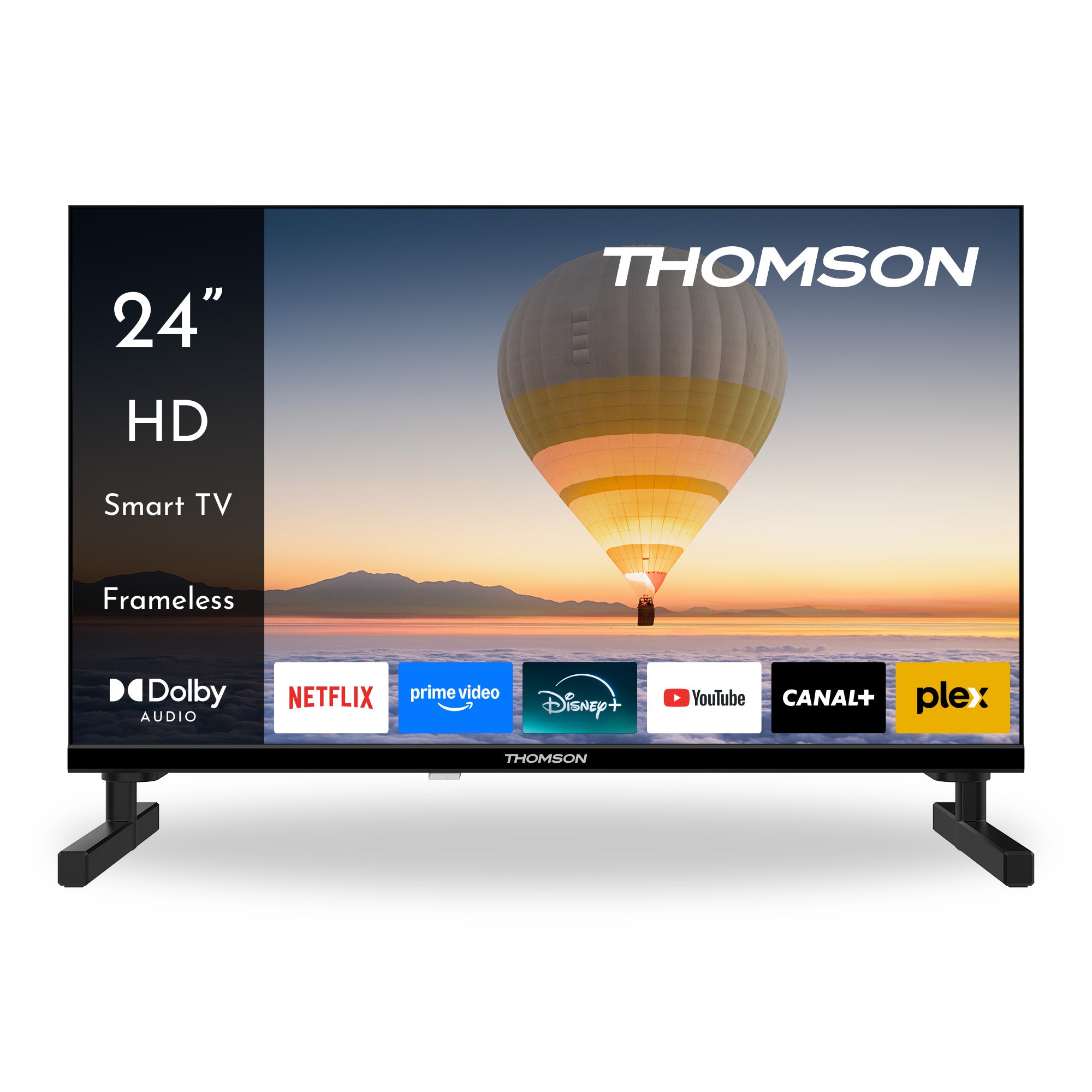 Thomson smart TV with a hot air balloon on the screen, displaying app icons.