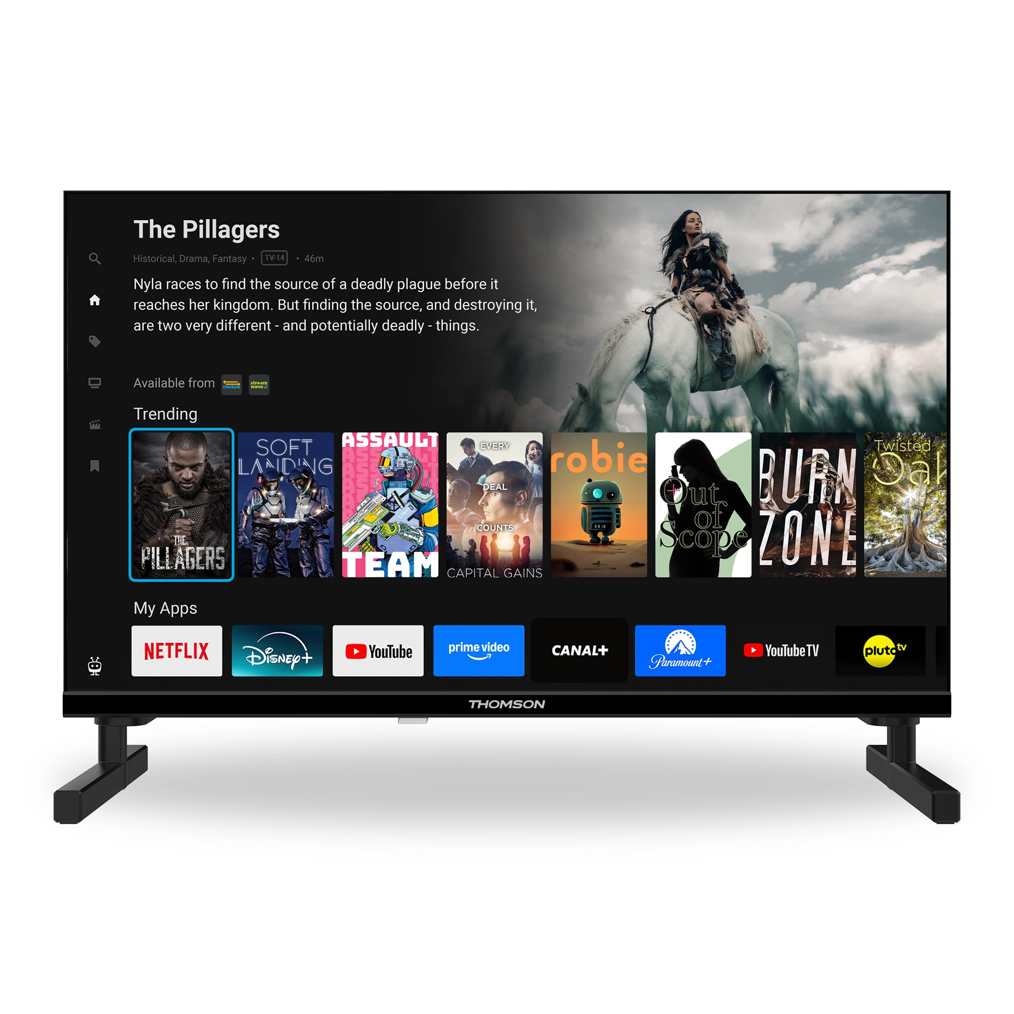 Smart TV displaying a streaming platform interface with various app icons.