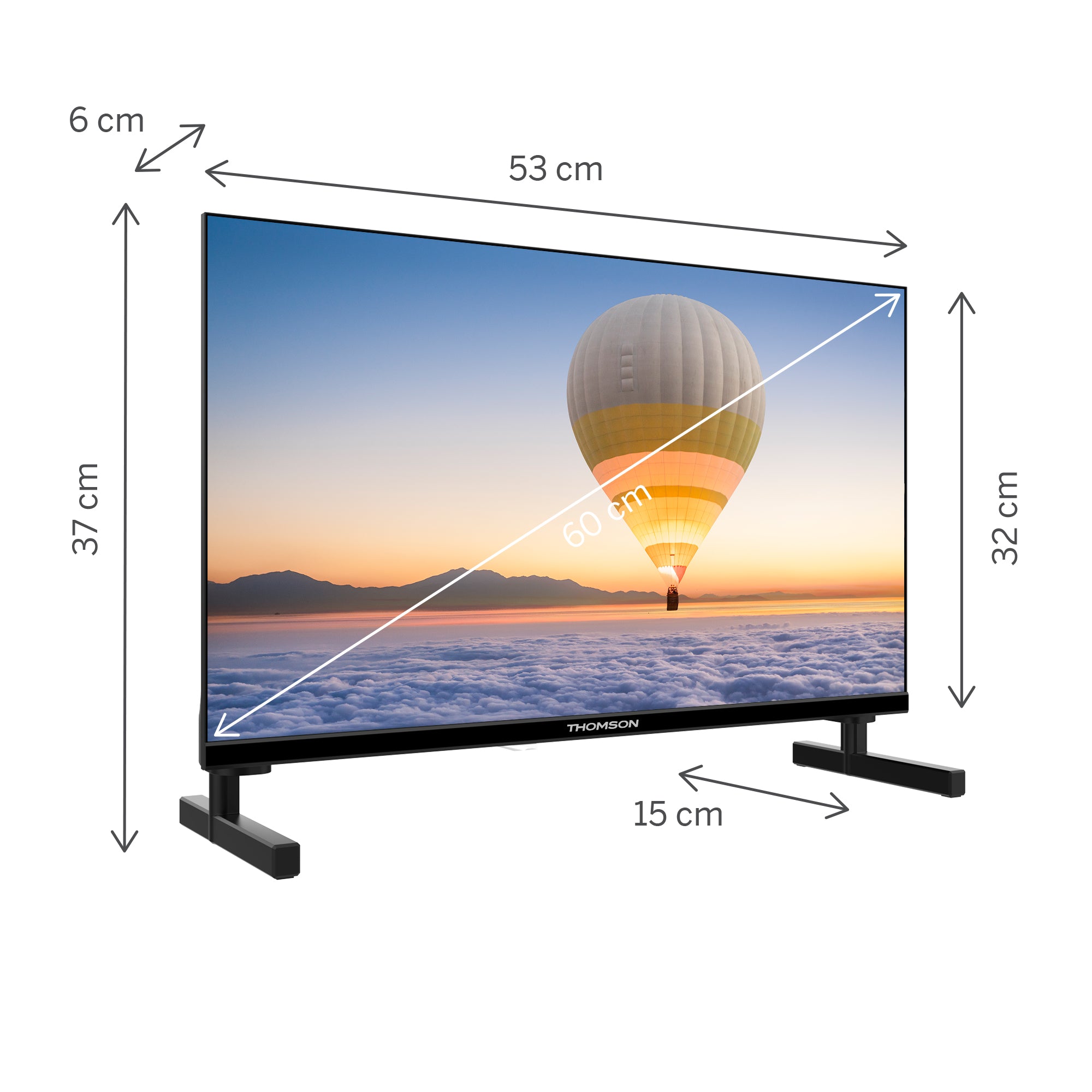 Smart TV with dimensions labeled on a white background