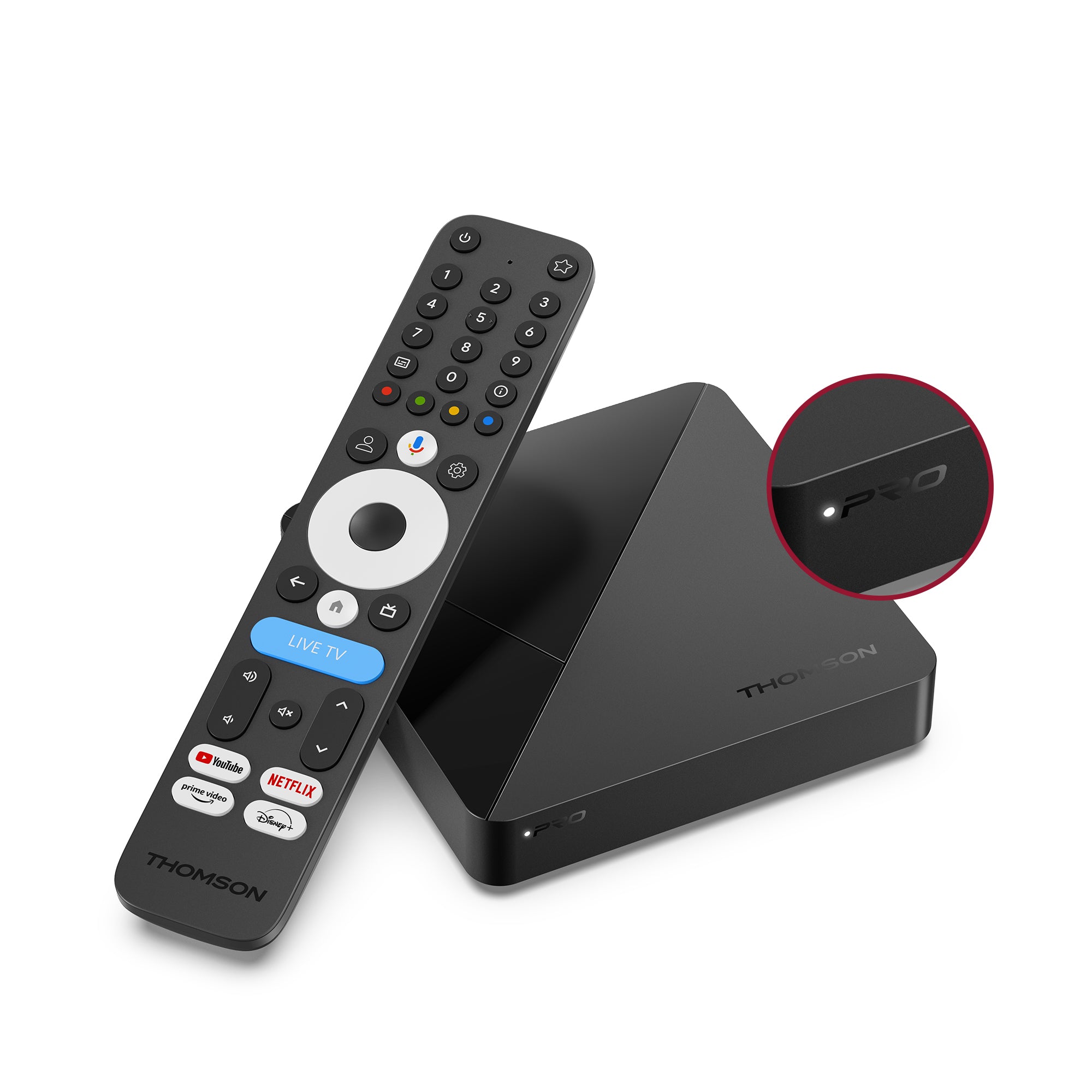 Black electronic device with remote control on a white background