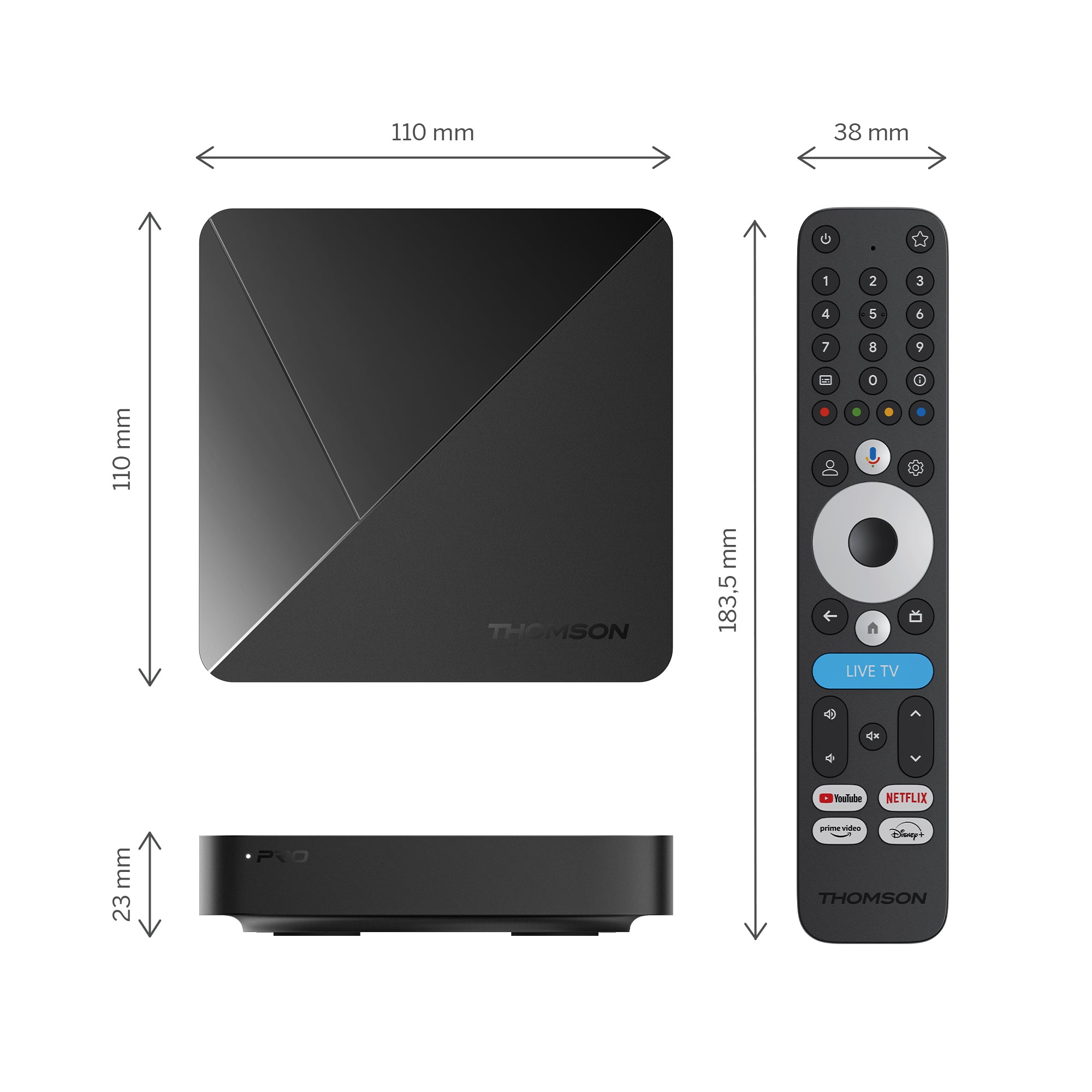 Thomson streaming device and remote control with dimensions on a white background