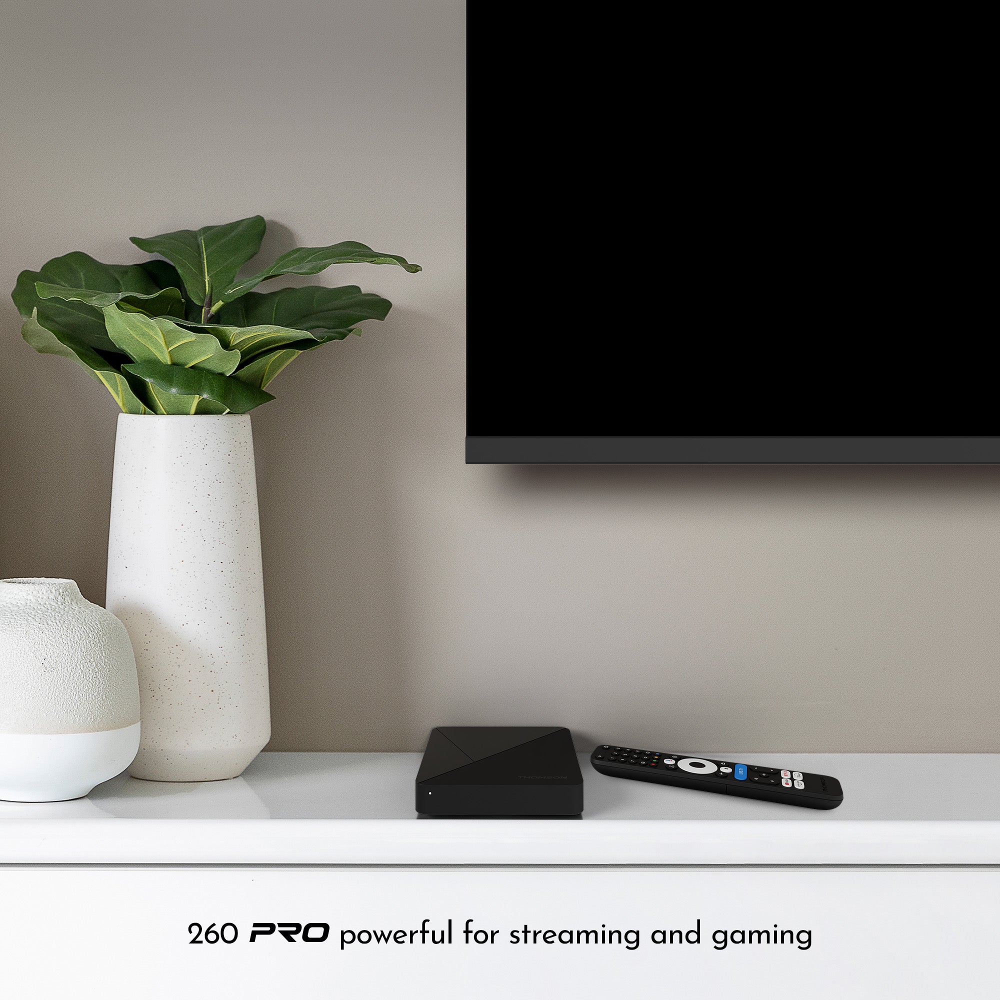 Modern living room setup with a TV, streaming box, remote control, and decorative items on a shelf.