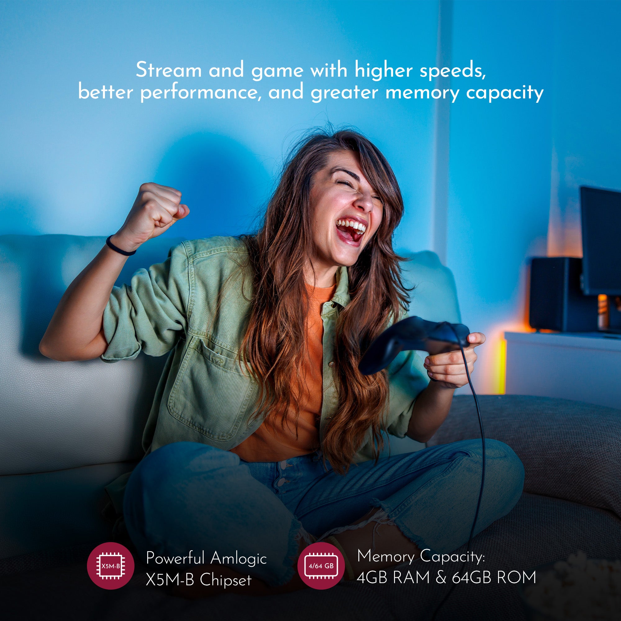 Woman playing video games with text about streaming and gaming performance.