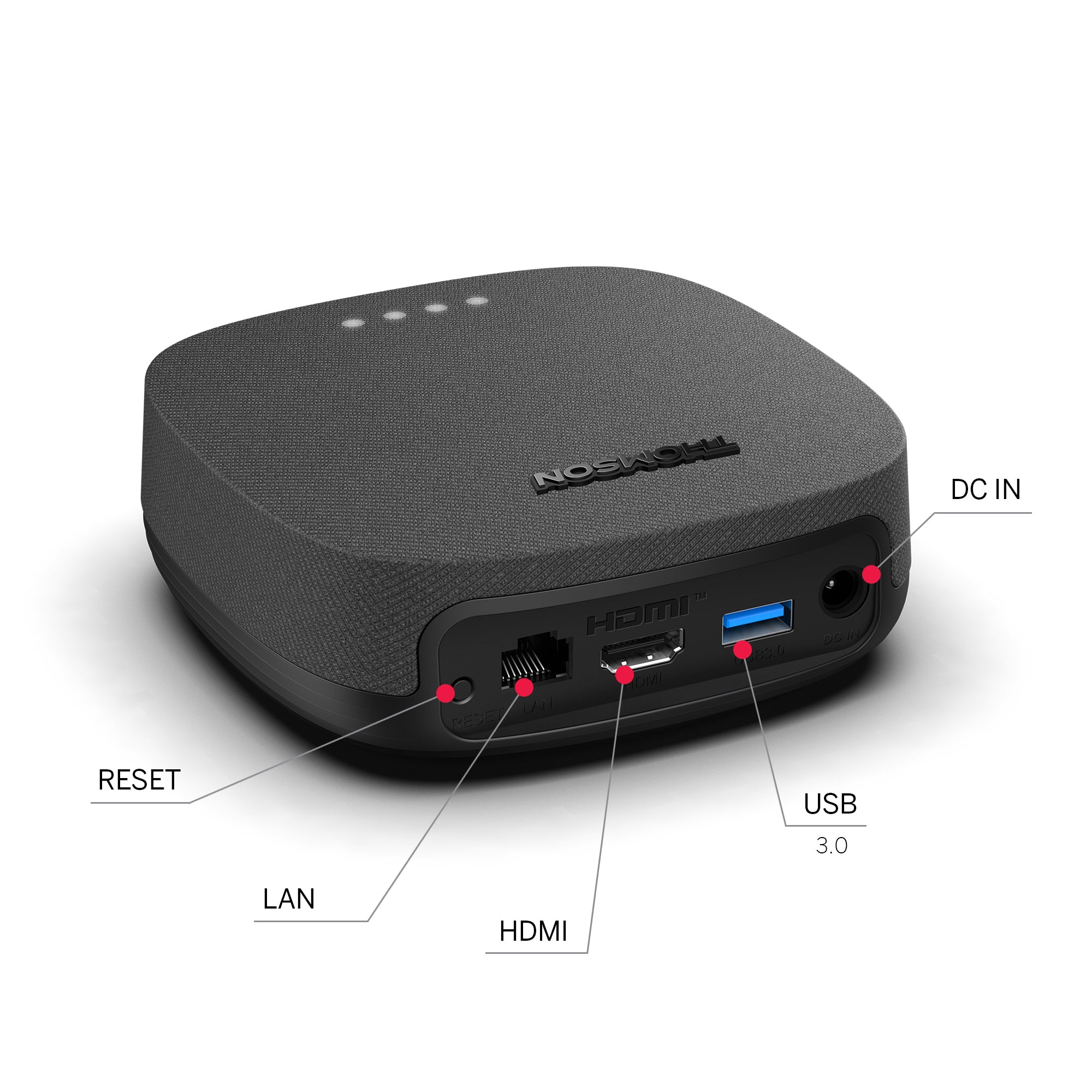 Black streaming device with labeled ports on a white background
