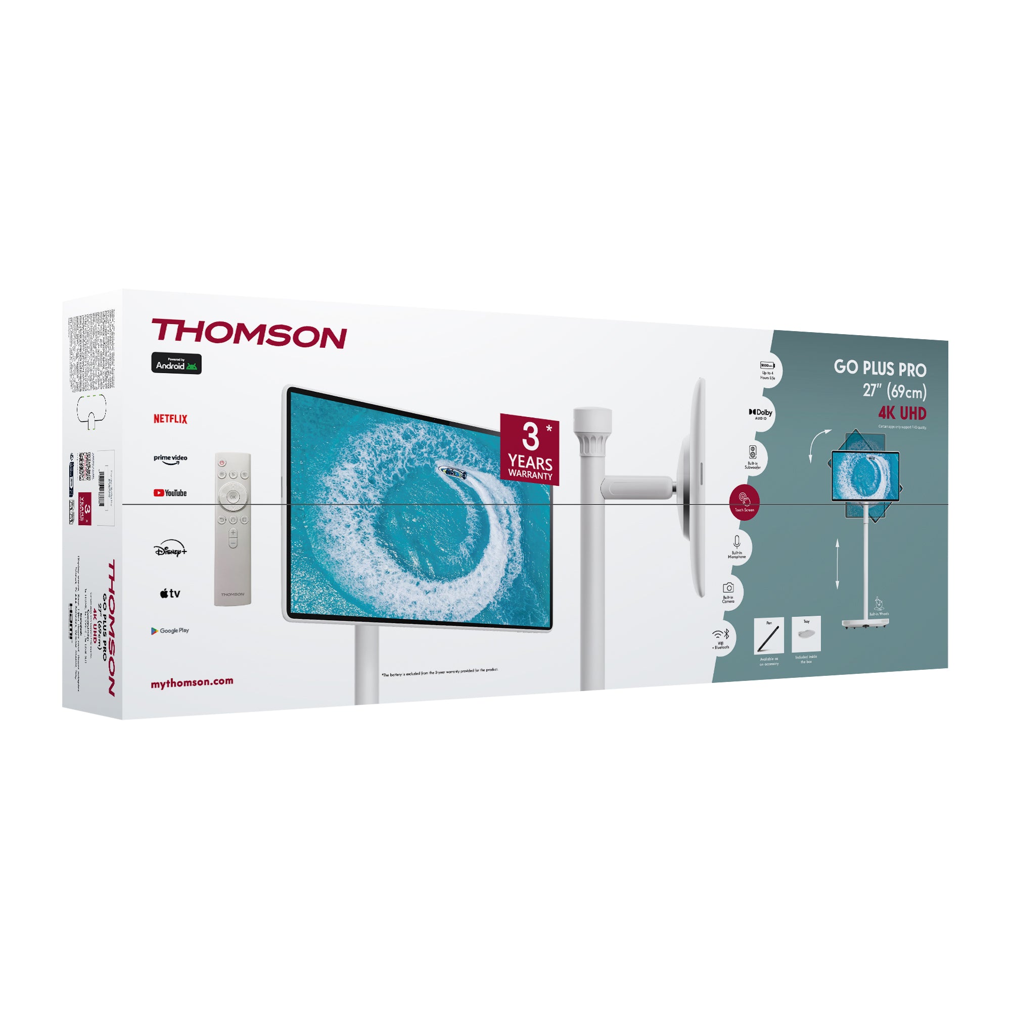 Thomson TV packaging with screen display and remote control on a white background