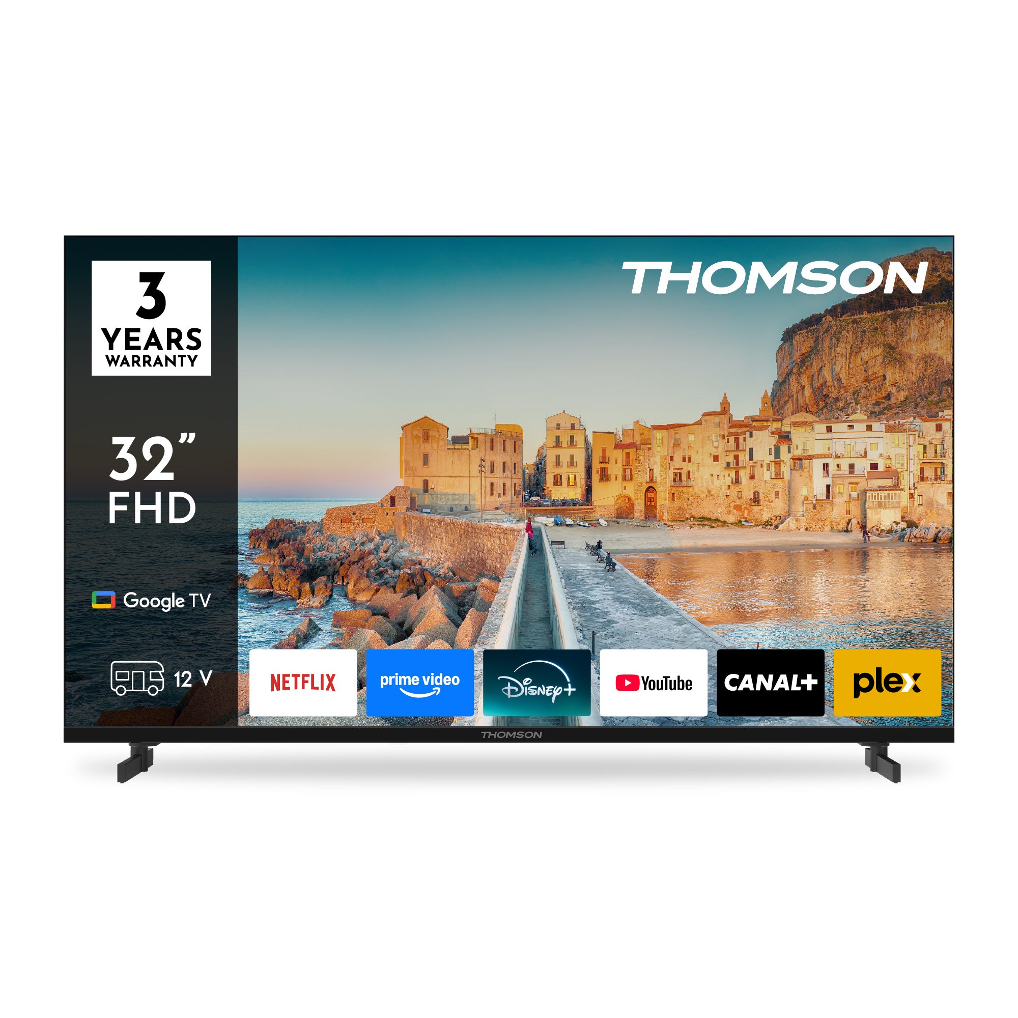 Thomson 32-inch FHD TV displaying a scenic image with multiple streaming service logos.