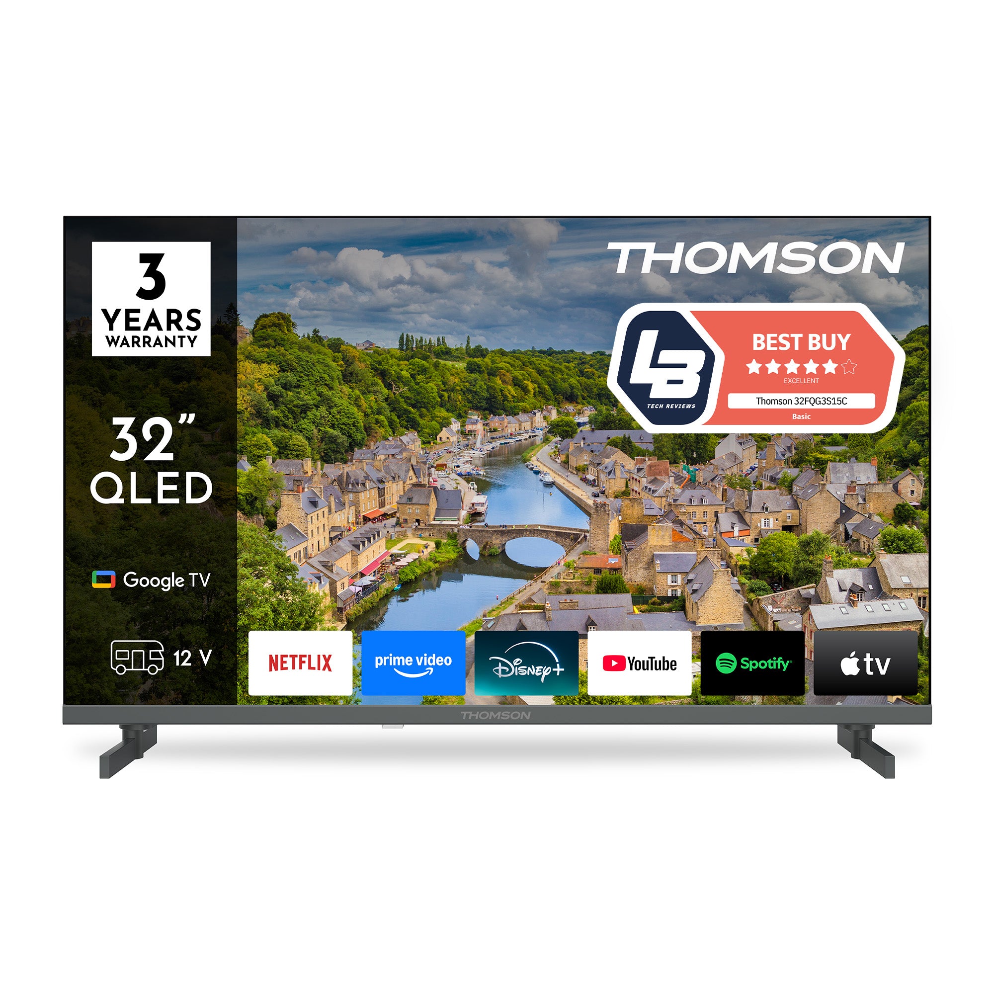 Thomson 32-inch QLED TV displaying a scenic village on the screen with branding and feature icons.
